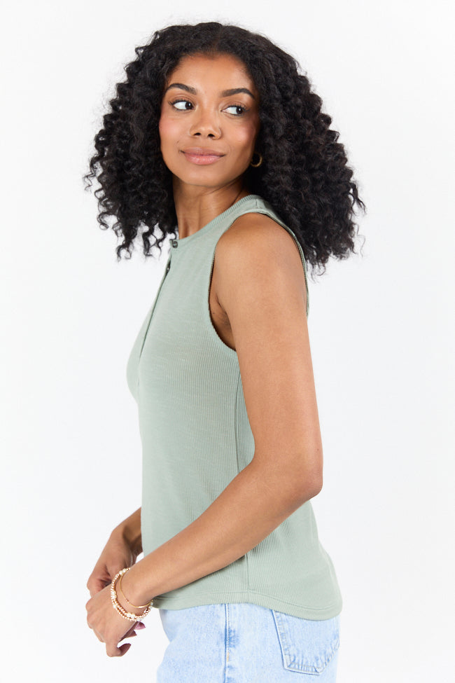 Men's Casual Sage Green Knit Henley Tank Top - Breathable & Comfortable for Summer Outings, Beach Trips, and Weekend Wear