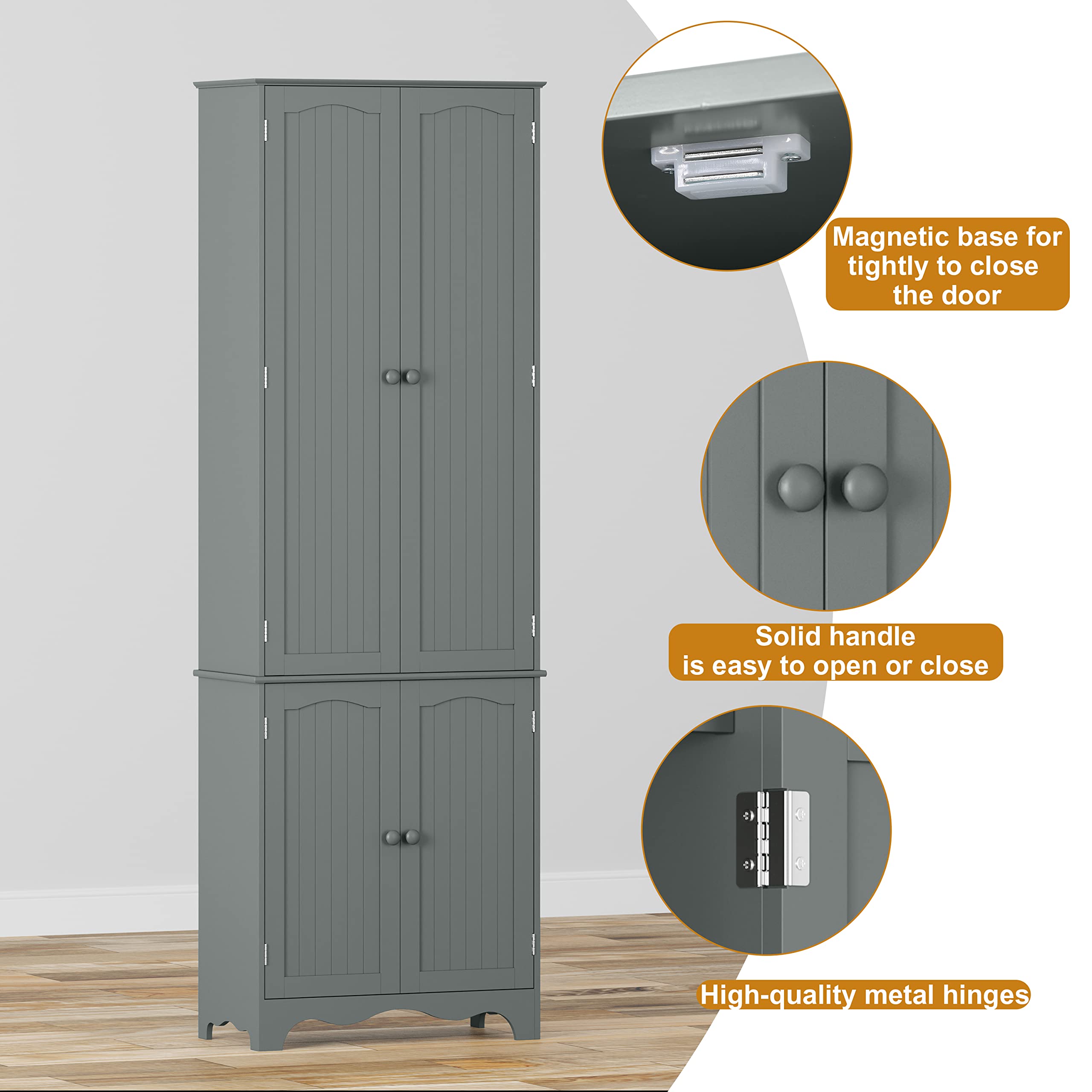 Tall Wooden Pantry Cabinet with 4 Doors & 5 Shelves - 72