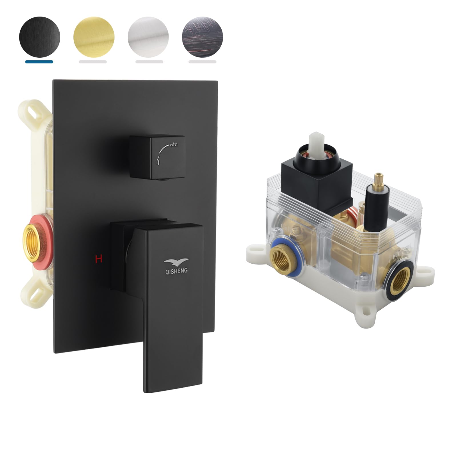 QISHENG Black Solid Brass Pressure Balance Shower Valve with Diverter - 2 Way Shower Diverter Valve Replacement Kit for Concealed Bathroom Shower Trim | Perfect for Bathroom Renovation & Modern Shower System Installation