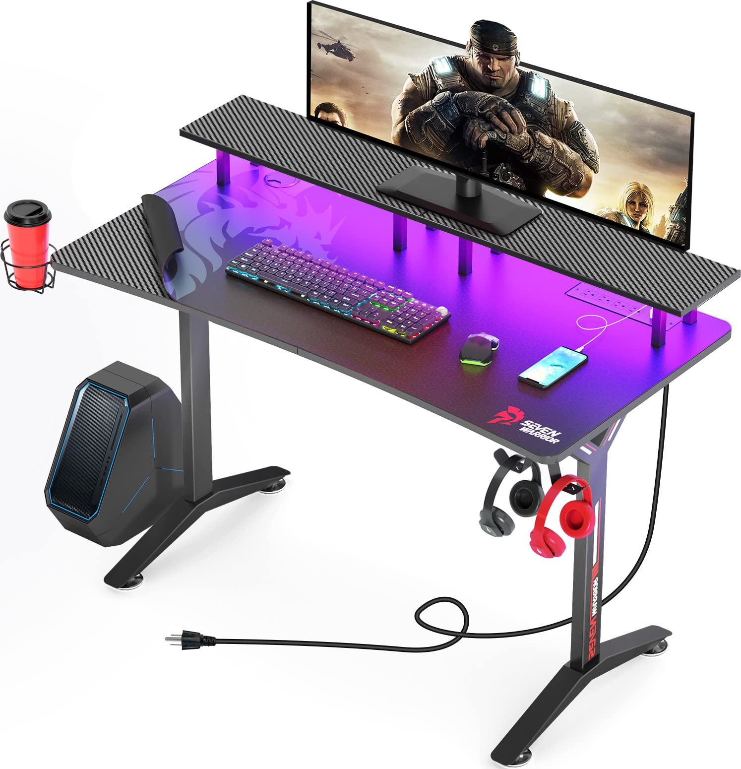 SEVEN WARRIOR 40 Inch Gaming Desk with LED Lights & Power Outlets - Carbon Fiber Surface, Full Desk Mouse Pad, Ergonomic Y-Shaped Legs & Monitor Stand | Perfect for PC Gaming Setup, Streaming & Home Office Workstation