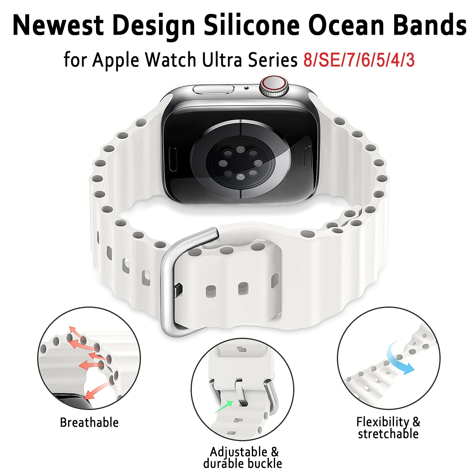 Ocean Band for Apple Watch Ultra/Series 9/8/7/6/5/4/3/2/1 & SE - 49mm/45mm/44mm/42mm/41mm/40mm/38mm Sport Silicone Strap - Breathable Wristband for Men & Women - Perfect for Swimming, Workouts & Daily Wear