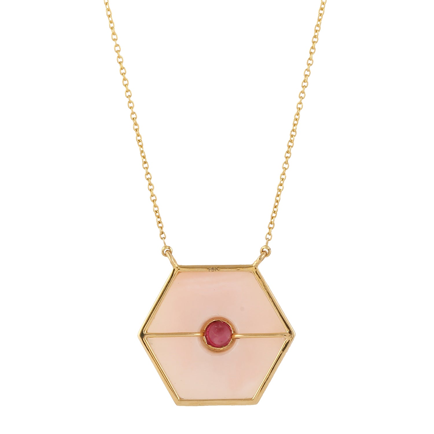 Hexagon Opal Pink Tourmaline Gemstone Necklace in 18k Yellow Gold - Elegant Designer Jewelry for Women, Perfect for Weddings, Anniversaries & Special Occasions