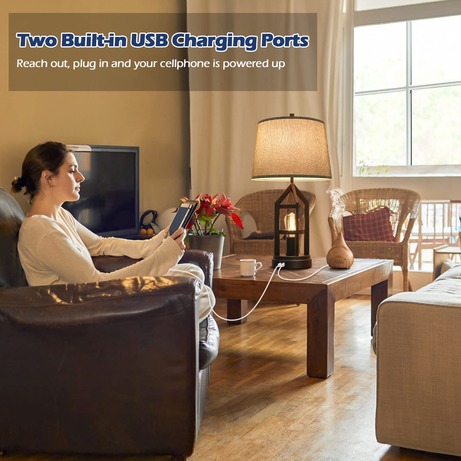 BesLowe 2-Pack Farmhouse Table Lamps - Rustic Grey 3-Way Dimmable Touch Bedside Lamps with 2 USB Ports & LED Bulbs Included - Perfect for Bedroom Nightstands and Living Room End Tables | Cozy Reading & Ambient Lighting