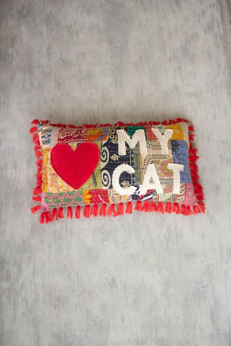 Handmade Kantha Love My Cat Pillow NRV2143 - Boho Home Decor, Cozy Throw Pillow for Bedroom, Living Room & Gift for Cat Lovers