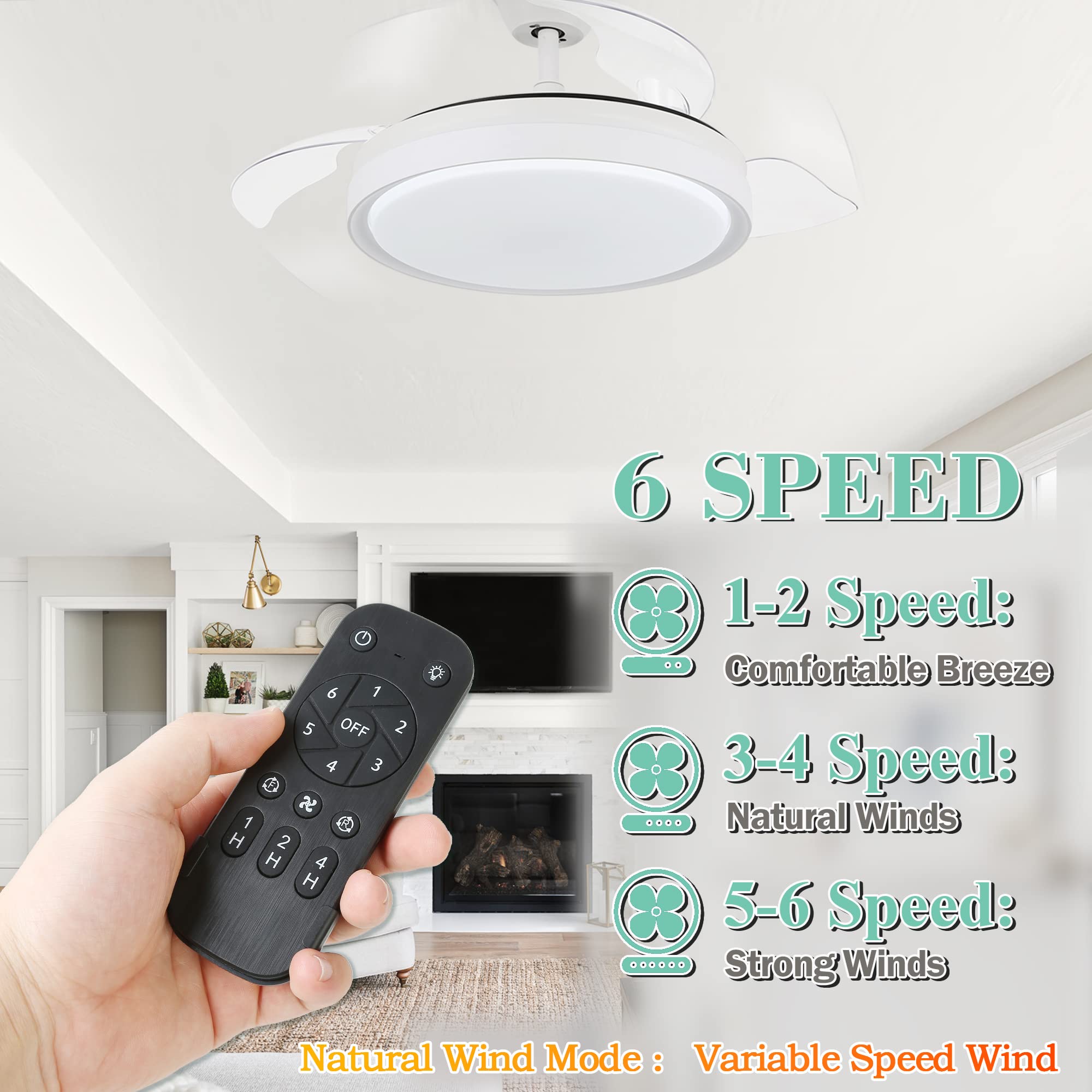 42 Inch Retractable Ceiling Fan with LED Lights & Remote Control - Modern Smart Fan with Adjustable Blades, 6 Speed DC Motor, 3 Color Temperatures & Timer - Perfect for Bedroom, Living Room & Office