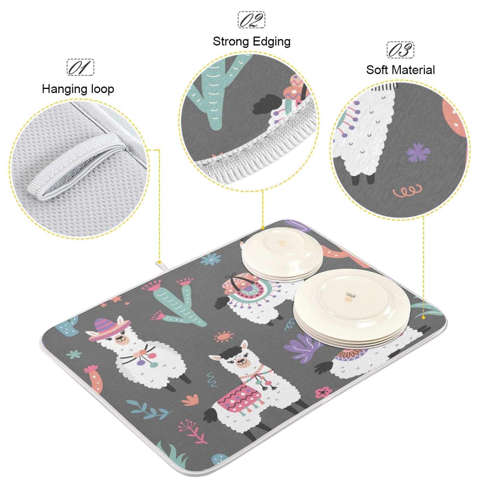 Absorbent Microfiber Cartoon Llama Alpaca Dish Drying Mat - 16x18 Inch Non-Slip Kitchen Countertop Drying Pad for Plates, Cups & Utensils - Perfect for Kitchens, RVs & Dorm Rooms