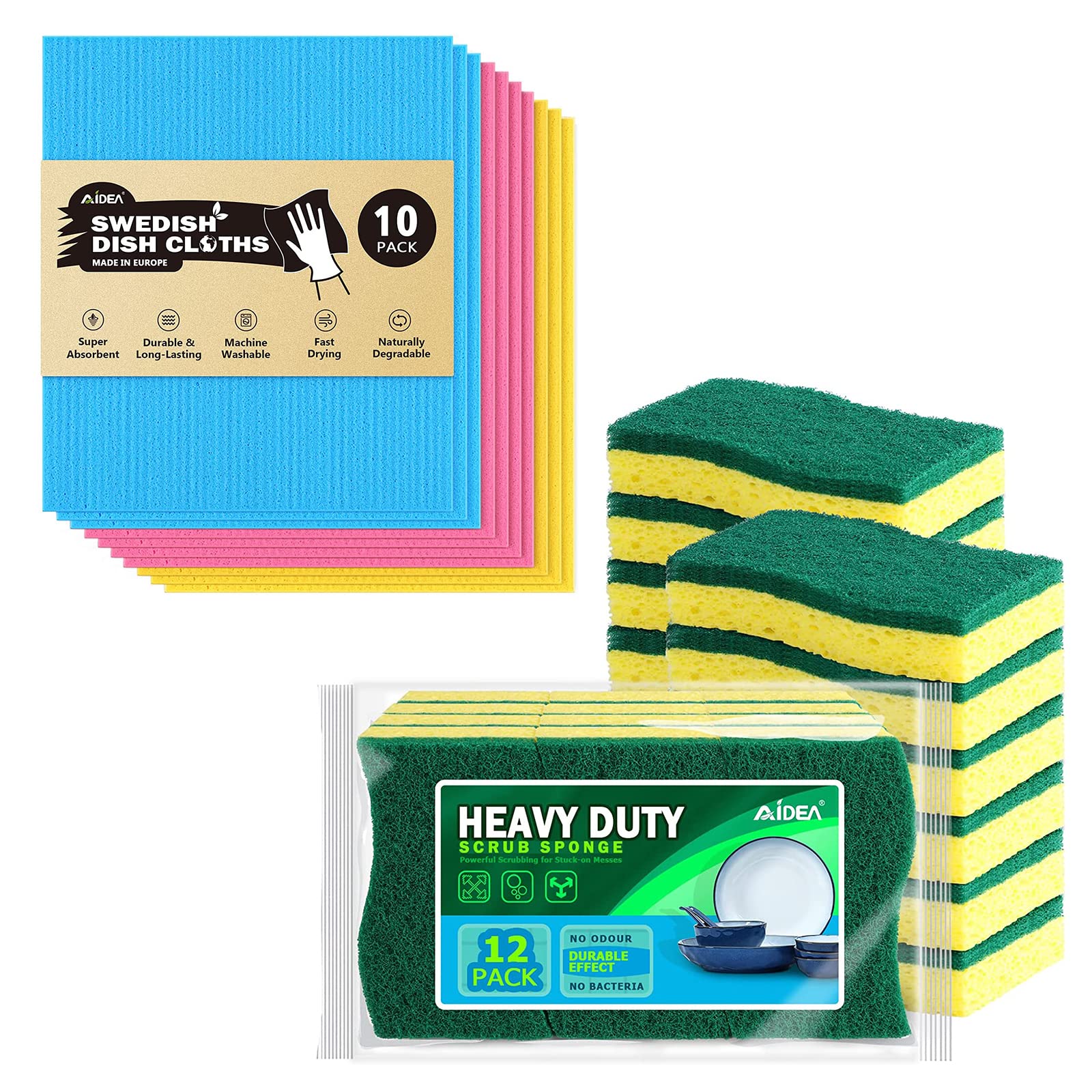 AIDEA Heavy Duty Scrub Sponge 24-Pack - Non-Scratch Cellulose Sponges for Fast Cleaning - Perfect for Dishes, Pots, Pans & Tough Kitchen Cleaning Tasks - Ideal for Home, Restaurant & Commercial Use