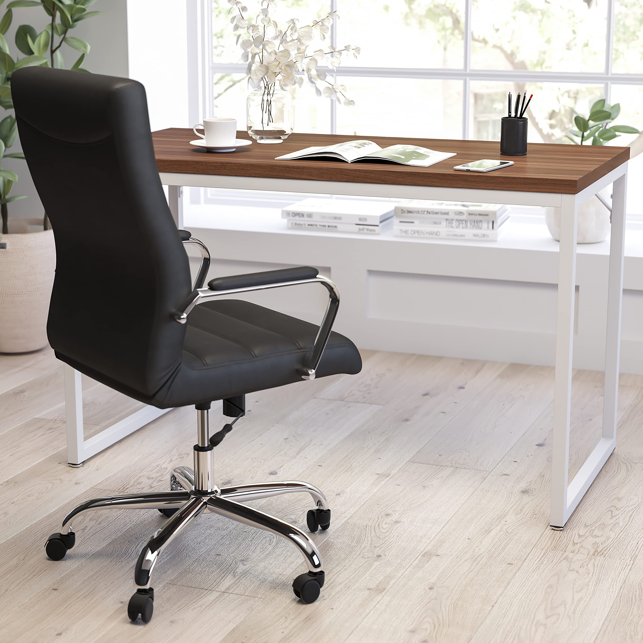 Merrick Lane Berlin 47 Inch Computer Desk - Walnut Wood Grain Finish & White Metal Frame - Home Office Desk for Small Spaces, Gaming & Study - Engineered Wood Workstation