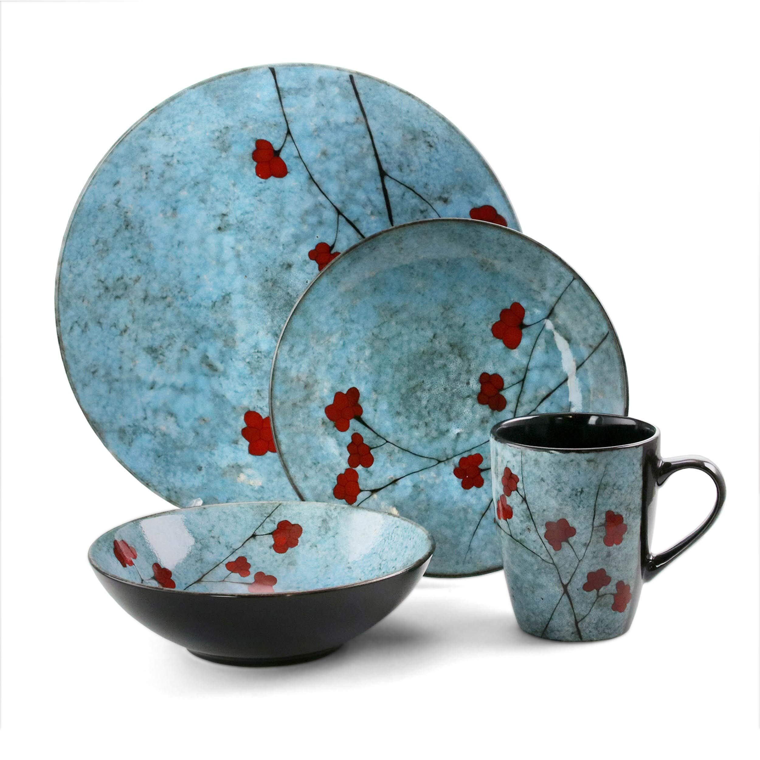 Midnight Blossom 16-Piece Stoneware Dinnerware Set - Blue Floral Design, Microwave & Dishwasher Safe, Round Plates & Bowls for Casual Dining, Family Gatherings & Everyday Use
