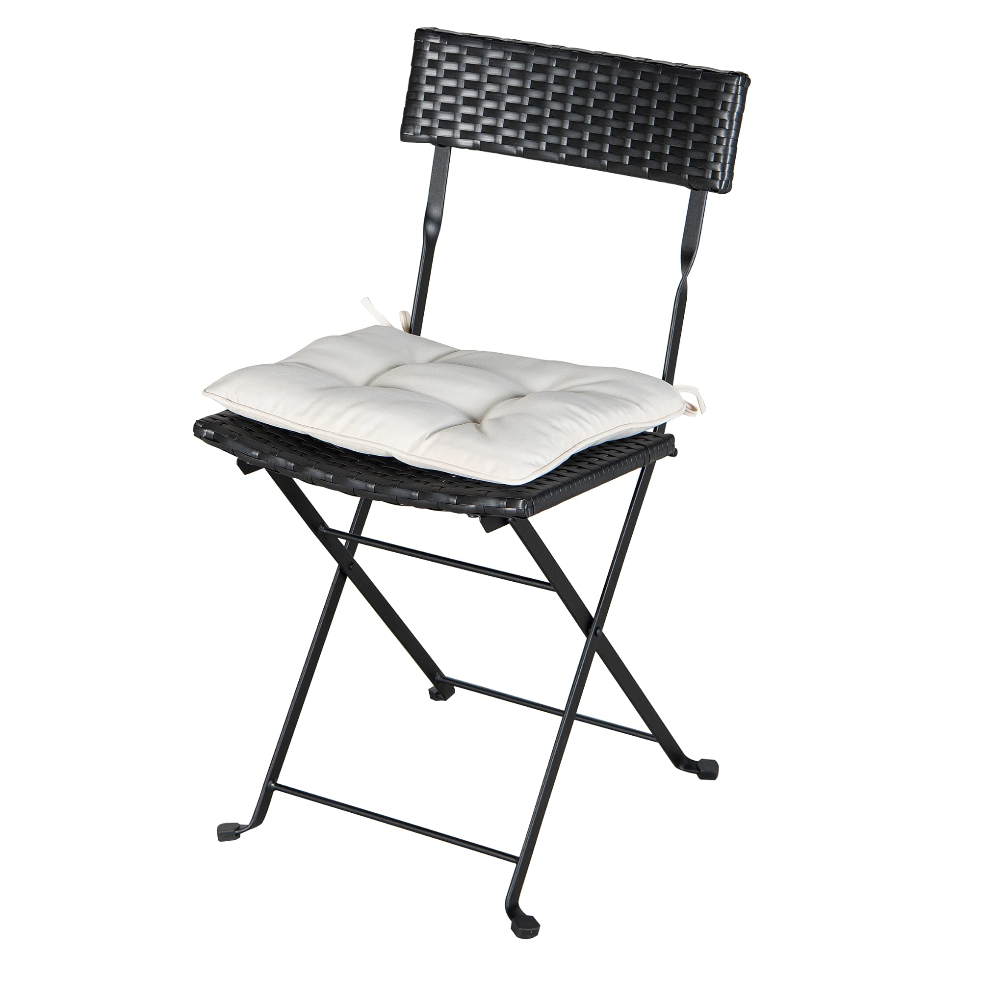 Black PE Wicker Outdoor Bistro Set - Folding Patio Table with 2 Chairs & Beige Cushions - Perfect for Garden, Balcony or Poolside Dining