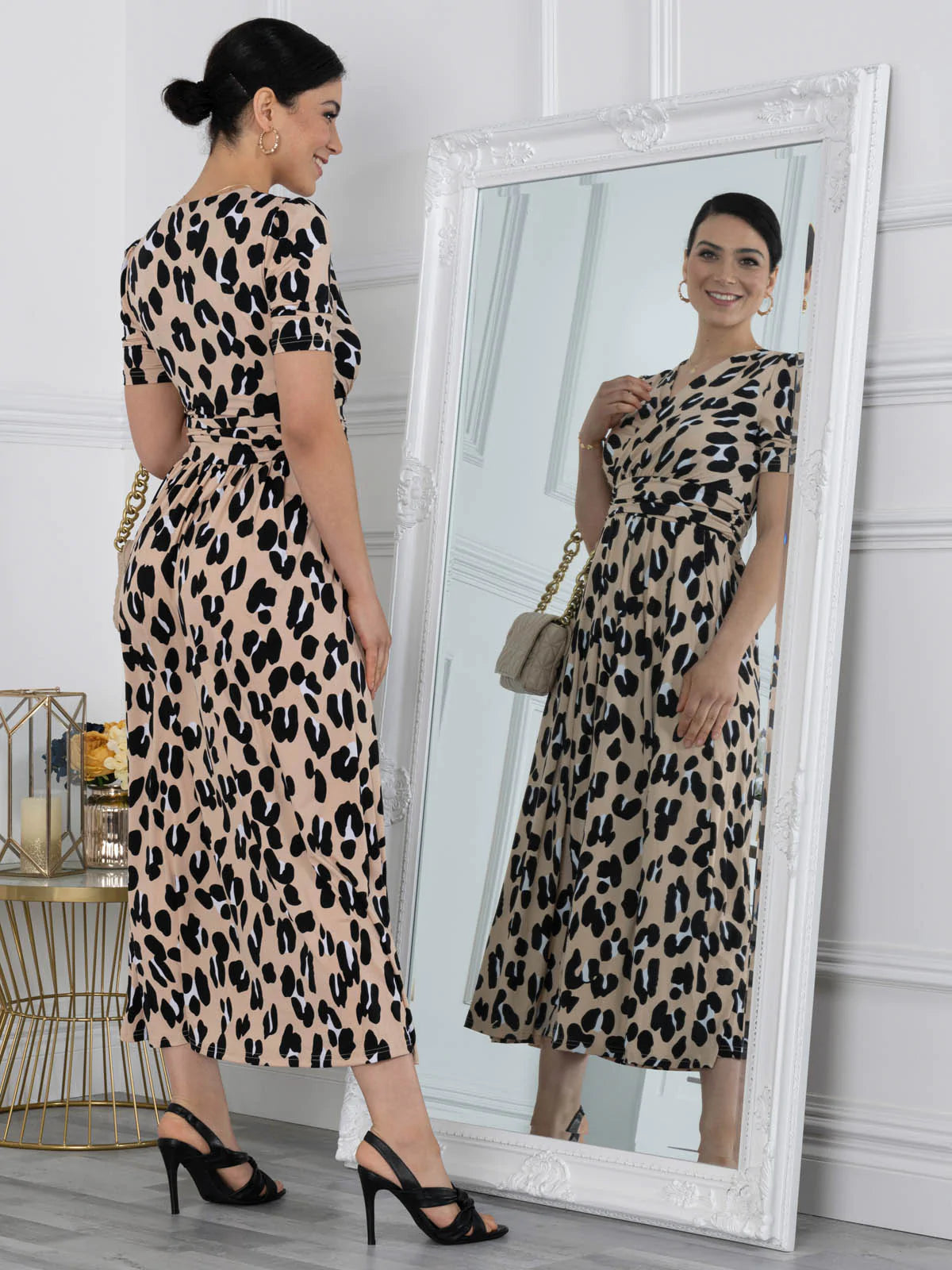 Kiera Wrap Front Maxi Dress in Camel Animal Print - Flowy Boho Summer Dress for Beach Vacation, Date Night & Casual Outings