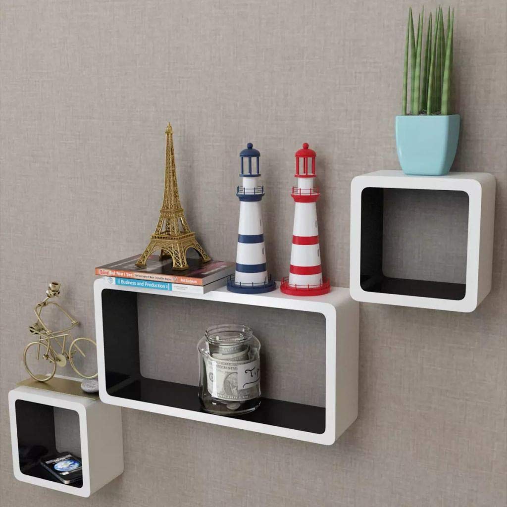 3-Pack White & Black MDF Floating Wall Shelves - Modern Cube Storage for Books, DVDs, and Display - Perfect for Living Room, Bedroom, and Office Organization
