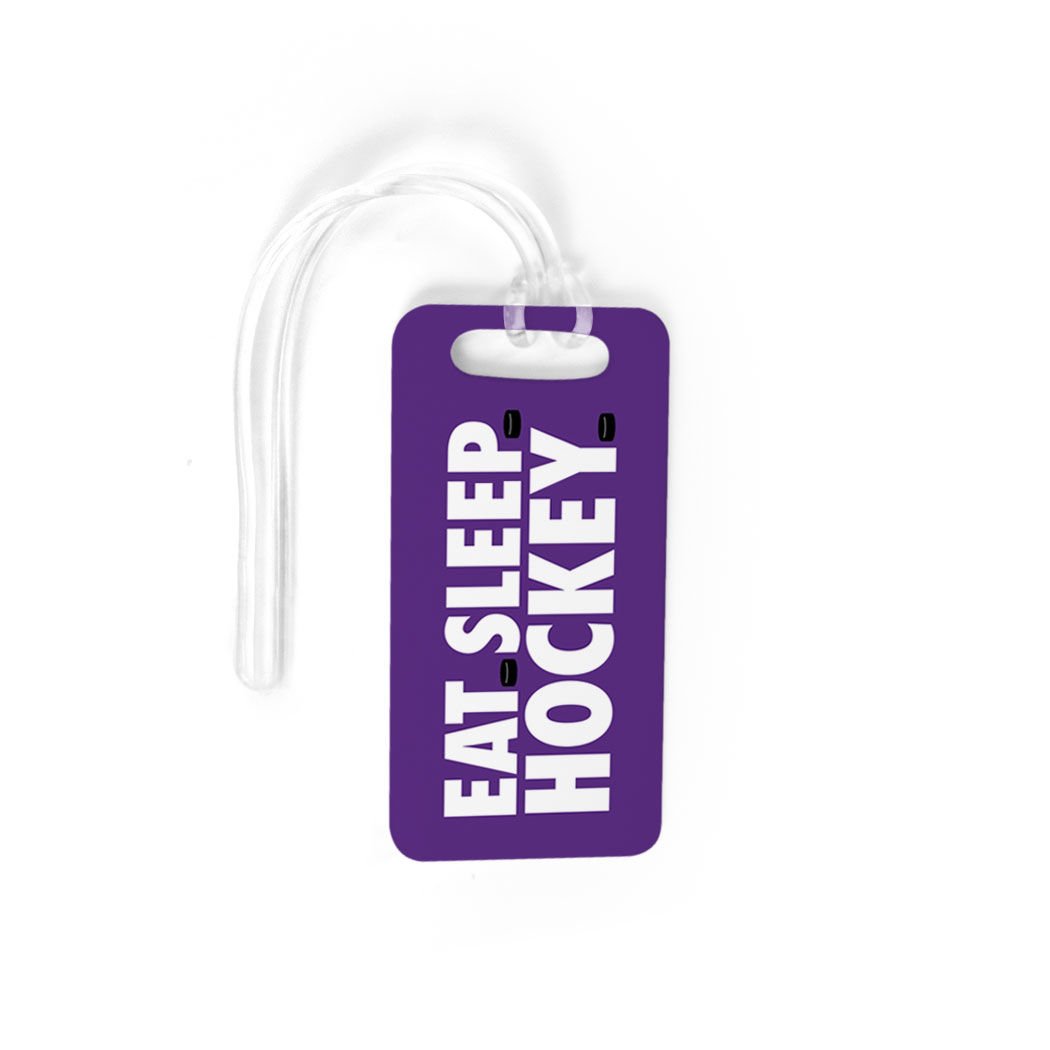 Custom Hockey Luggage Tag - Eat Sleep Hockey Design with Personal Info on Back - Small Purple Bag Tag for Travel & Sports Gear