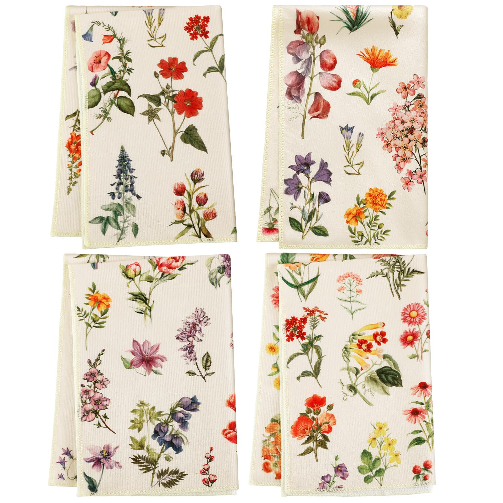 Preboun Set of 4 Vintage Wildflower Dish Towels - 16x24 Inch Floral Kitchen & Bath Towels - Absorbent Cotton Tea Towels for Cooking, Bathroom Decor & Housewarming Gifts - Perfect for Farmhouse Kitchen, Guest Bathroom & Rustic Home Decor