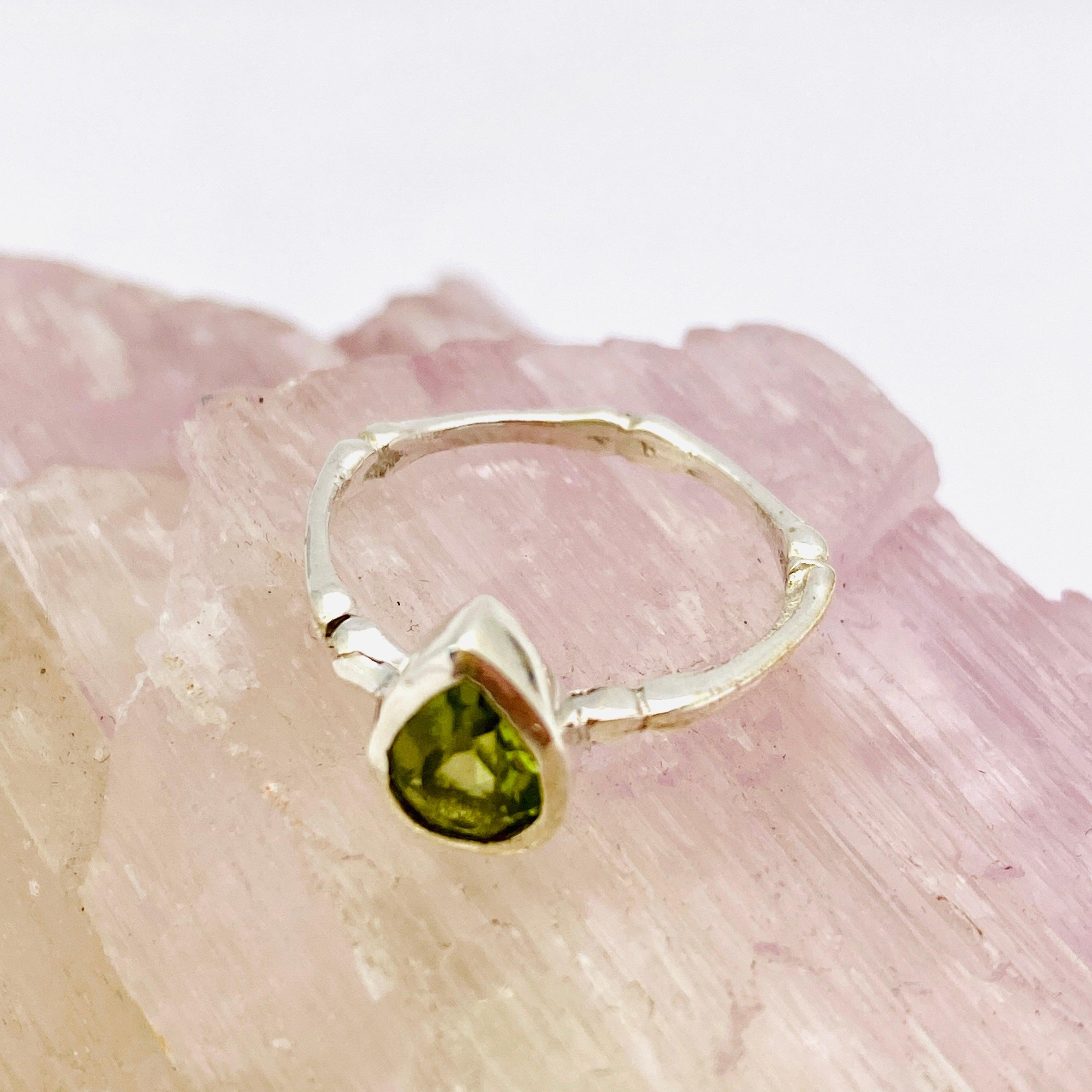 Peridot Faceted Teardrop Fine Band Ring - 925 Sterling Silver Dainty Jewelry for Women - Perfect for Weddings, Anniversaries & Everyday Elegance