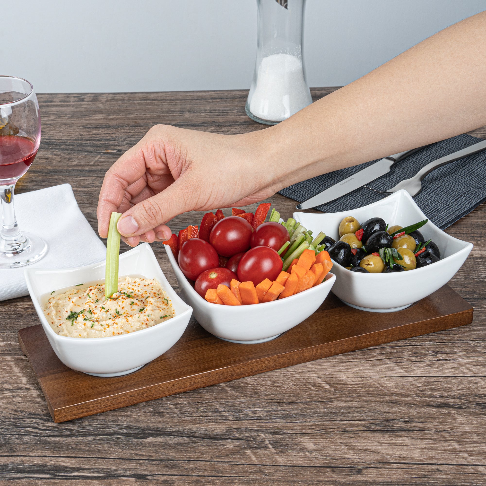 15 oz White Porcelain Cocktail Bowl Set with Bamboo Tray - 3 Rectangle Bowls (12x4x2.5 Inches) for Appetizers, Sushi & Party Snacks - Premium Dinnerware for Home & Restaurant Use