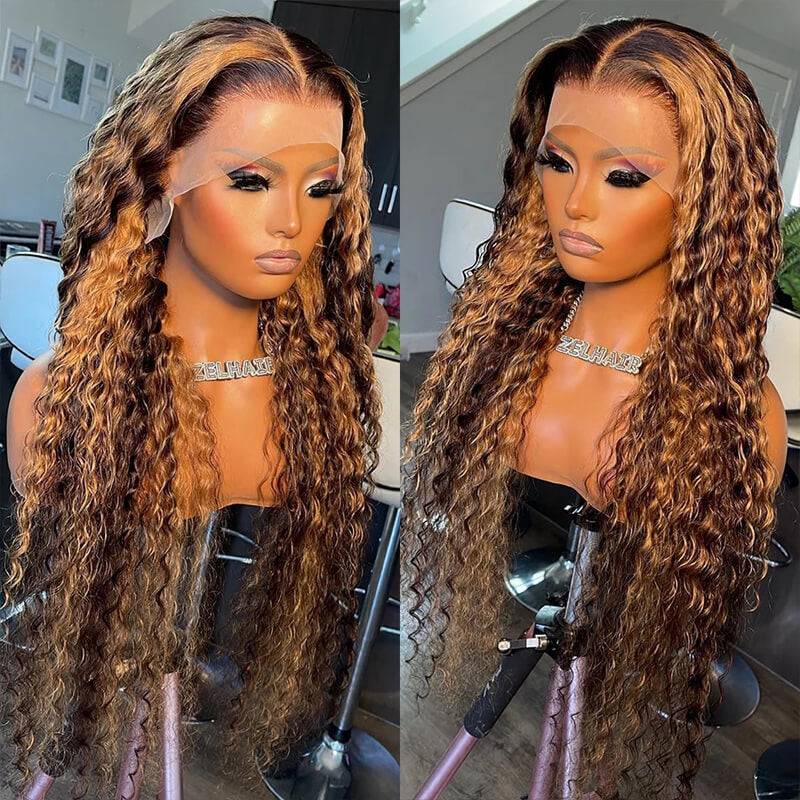 Eullair #4/27 Balayage Highlight Brown Curly Human Hair Wig for Dark Skin | 12-30 Inch | Natural Looking Wavy Curls for Everyday Wear, Cosplay & Special Occasions