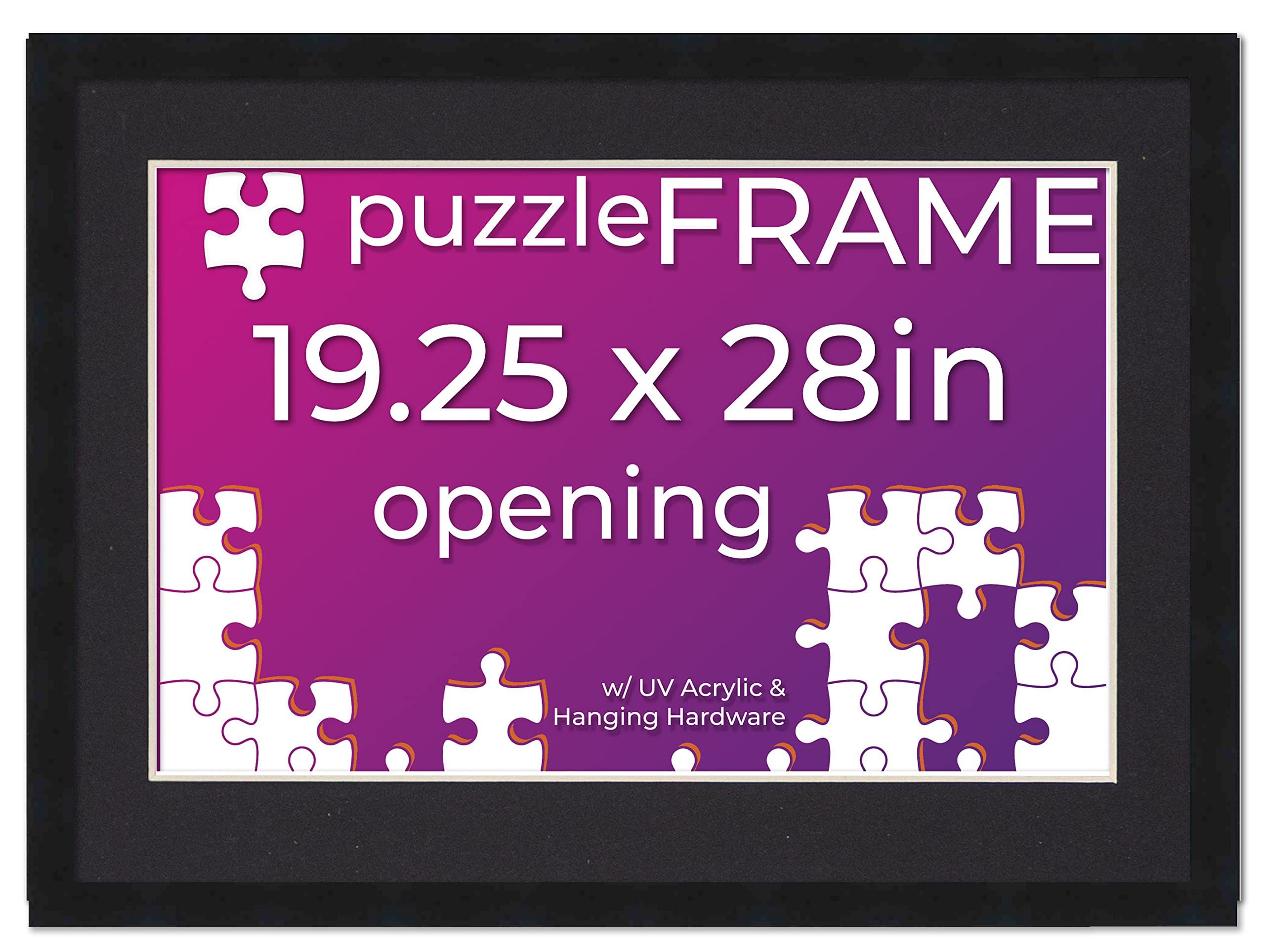 19.25x28 Jigsaw Puzzle Frame Kit with Puzzle Glue Sheets, Black Wood Frame & Mat, UV Acrylic - Complete Display Solution for Home Decor, Office or Gift Giving