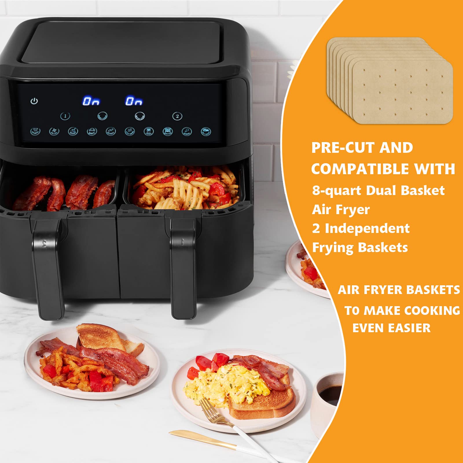 200 Sheets Disposable Air Fryer Parchment Paper Liners - Compatible with Ninja Foodi & 8 Quart 6-in-1 Dual Basket - Non-Stick Rectangle Perforated Baking Sheets for Healthier Cooking | Perfect for Roasting, Baking, and Air Frying Chicken Wings, Vegetables & More