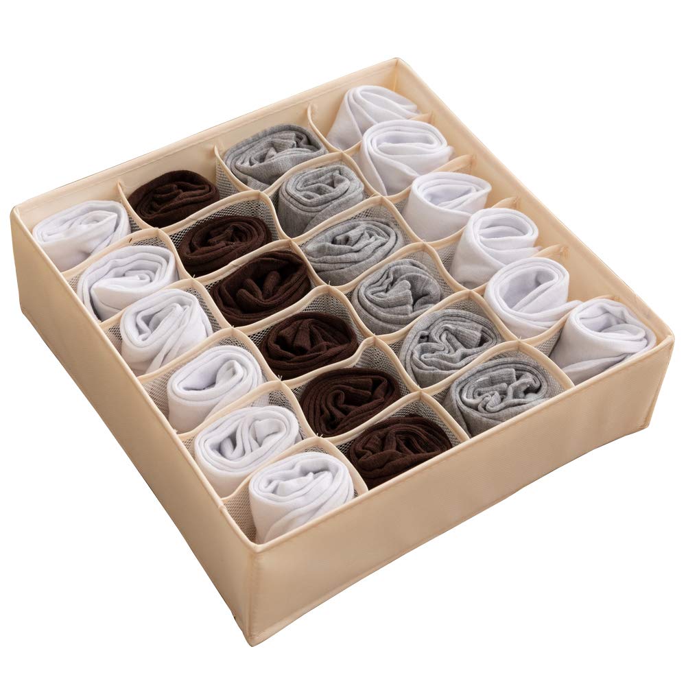 ALYER Collapsible Fabric Drawer Organizer - 24 Cell Storage Box for Underwear, Socks, Bras & Accessories | Foldable Closet Organizer Bins for Dresser, Bedroom & Bathroom | Space Saving Beige Storage Solution