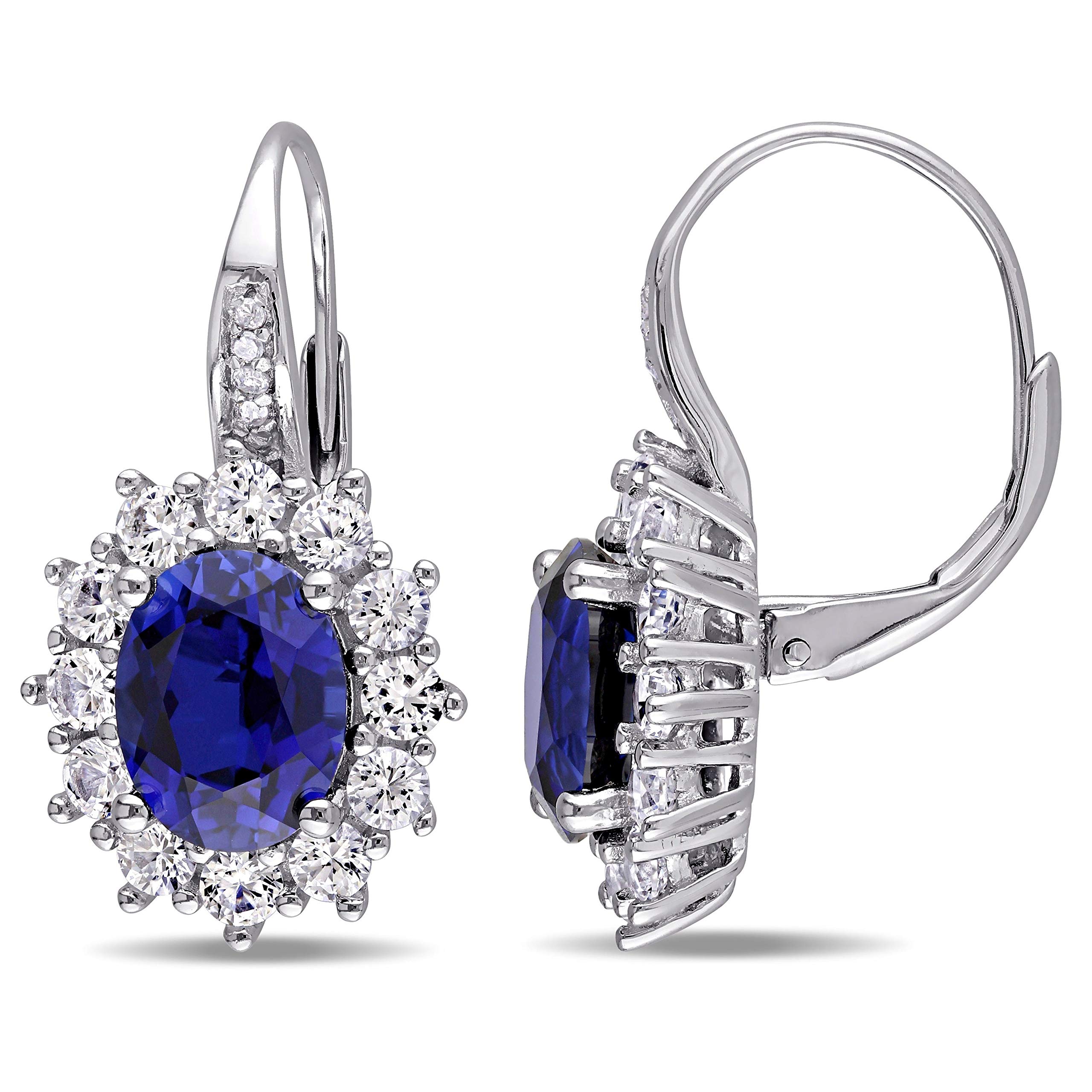 2.50Ct Oval Cut Lab-Created Blue Sapphire Halo Drop Earrings - 14K White Gold Plated 925 Sterling Silver - Perfect for Weddings, Parties & Special Occasions