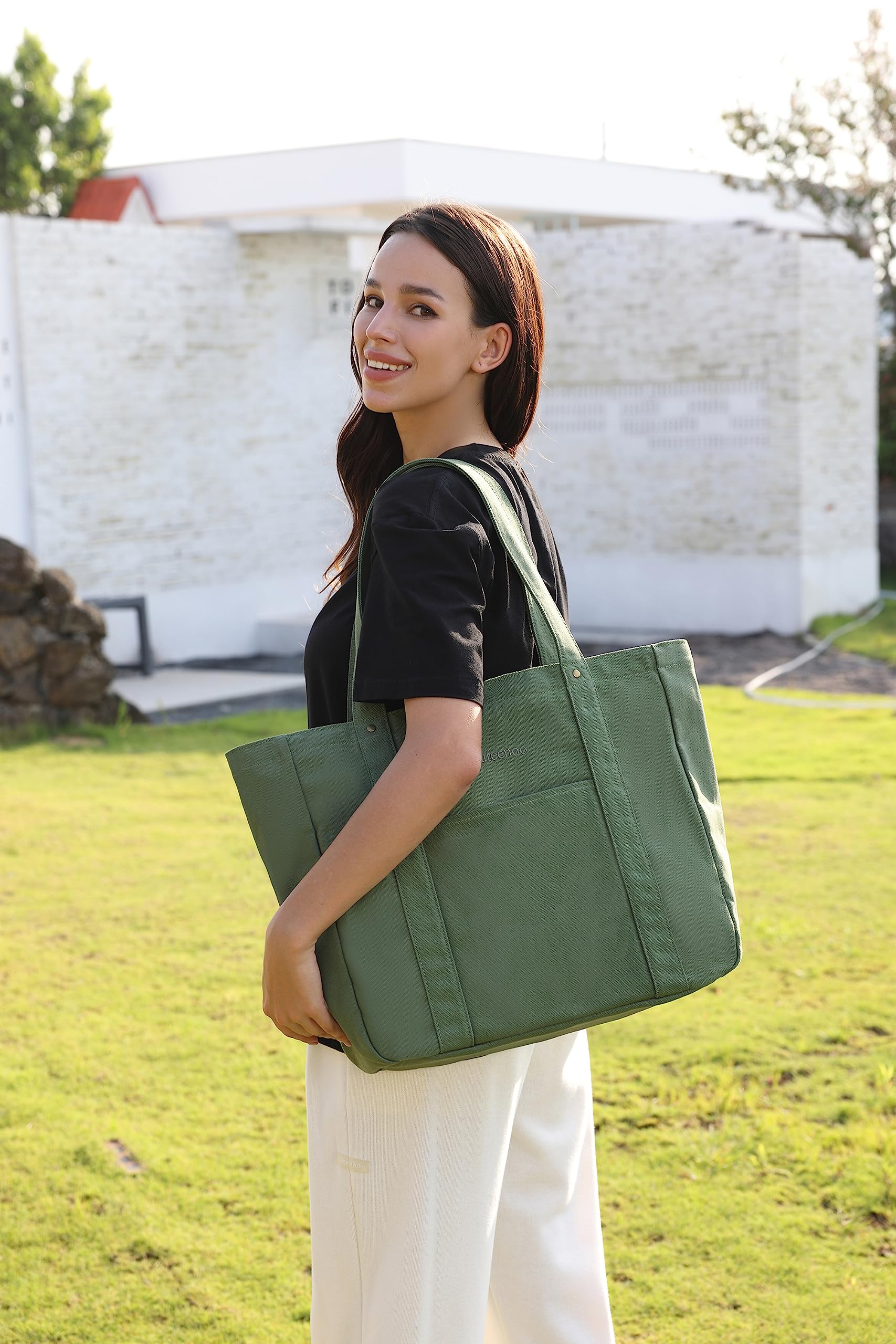Stylish Large Canvas Tote Bag for Women with Secure Zipper Closure & Laptop Compartment - Perfect for Work, Travel, Beach & Everyday Use