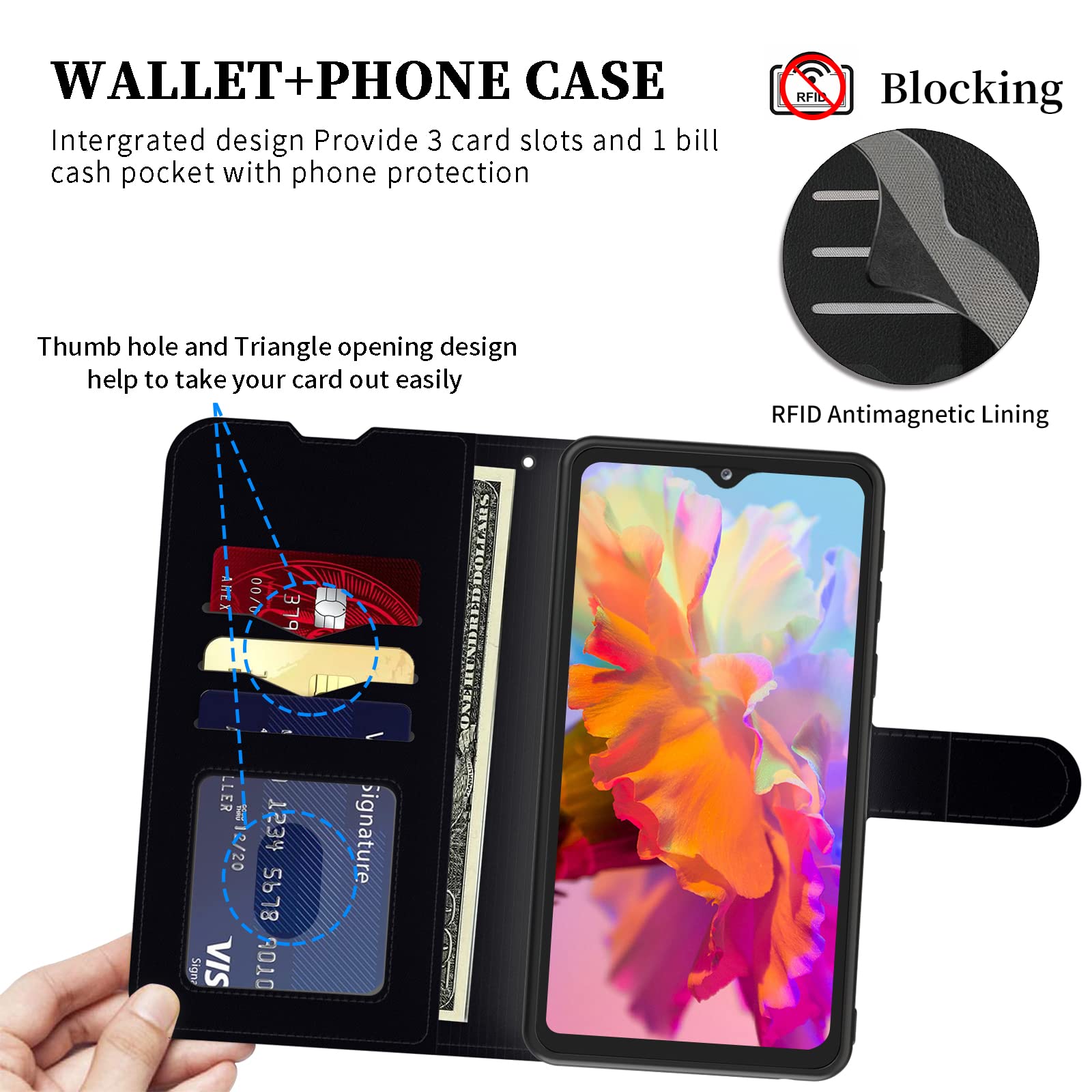 BLU View 3 Wallet Case with Card Holder & Kickstand - Magnetic Flip Cover for Men & Women - Perfect for Daily Use & Travel