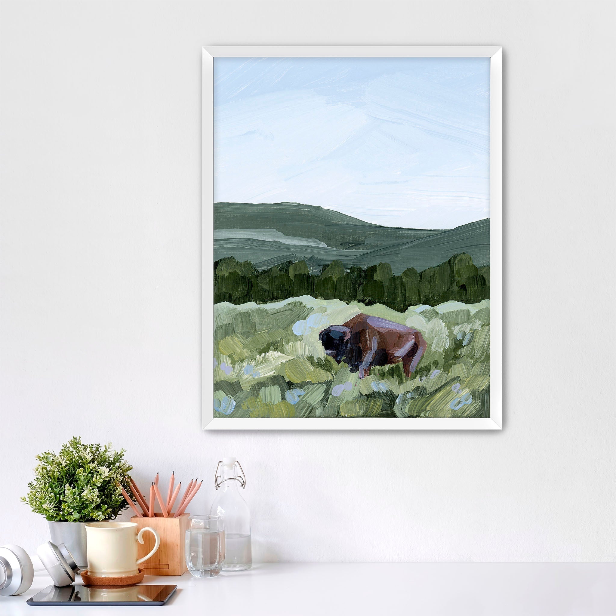Yellowstone National Park Wildlife Grazing Art Print - Stunning Bison Landscape Wall Decor for Home, Office & Cabin