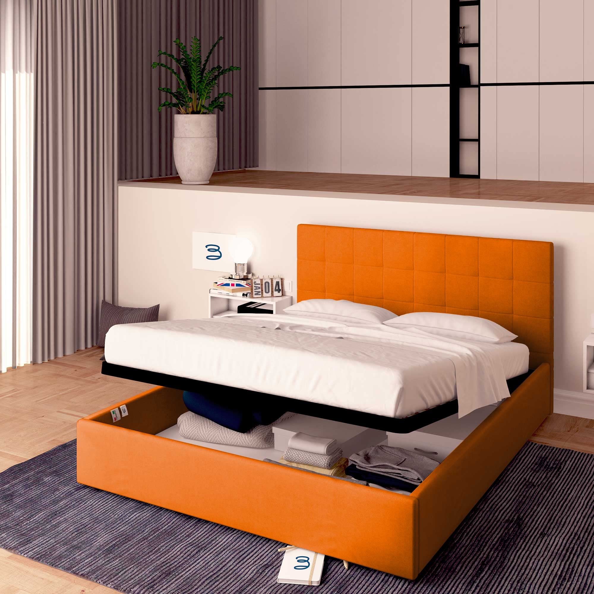 Baldiflex Single Bed with Storage - Dublin Model Synthetic Leather Upholstery, Slatted Base for Single Mattress, 120 x 200 cm, Elegant Headboard, Orange Color - Perfect for Small Bedrooms, Guest Rooms & Studio Apartments