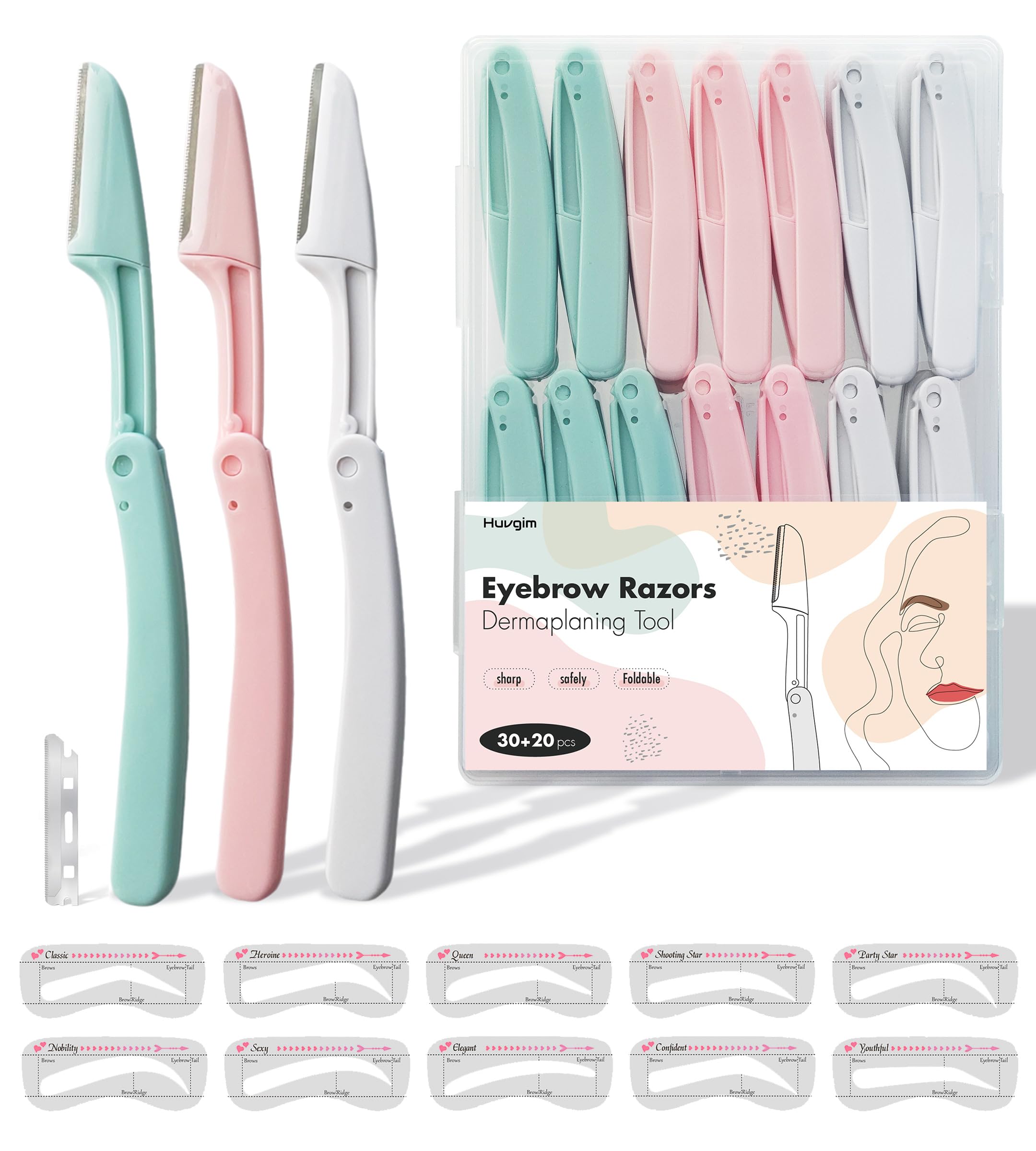Eyebrow Razor & Face Razor Set with Eyebrow Stamp Stencils - Dermaplaning Tool for Peach Fuzz Removal - 30 Foldable Razors & 20 Blade Refills - Perfect for Eyebrow Shaping, Facial Hair Removal & At-Home Skincare Routine