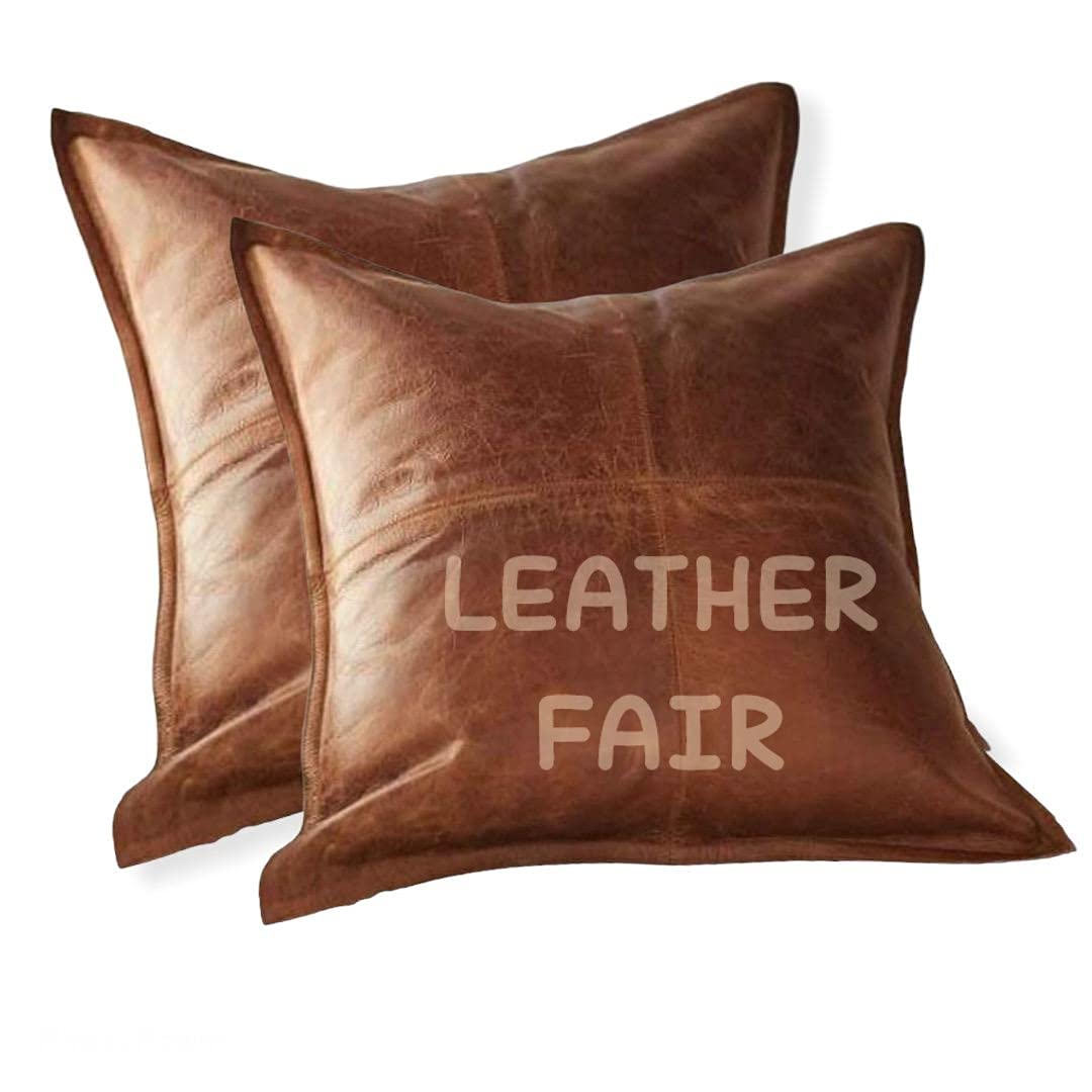 Premium 100% Genuine Leather Throw Pillow Cover - 22x22 Inches, Vintage Chestnut Brown (Set of 2) - Modern Boho Farmhouse Decor for Bedroom, Living Room, Couch, Sofa & Chair - Perfect for Home, Office & Car Interior Styling