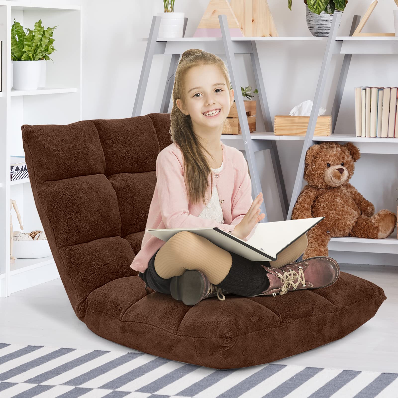 Giantex Adjustable Floor Gaming Chair with 14 Positions - Ergonomic Back Support, Foldable Sofa Sleeper & Recliner for Video Games, Meditation, and Relaxation - Brown (Perfect for Small Spaces, Living Rooms, and Bedrooms)
