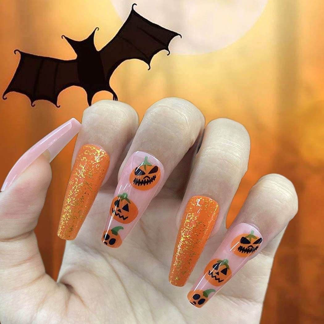 Halloween Orange Pumpkin Coffin Press-On Nails - Extra Long Acrylic Fake Nails with Spooky Designs, 24Pcs Full Cover Stick-On Nails for Women & Girls - Perfect for Halloween Parties, Costumes, and Festive Nail Art