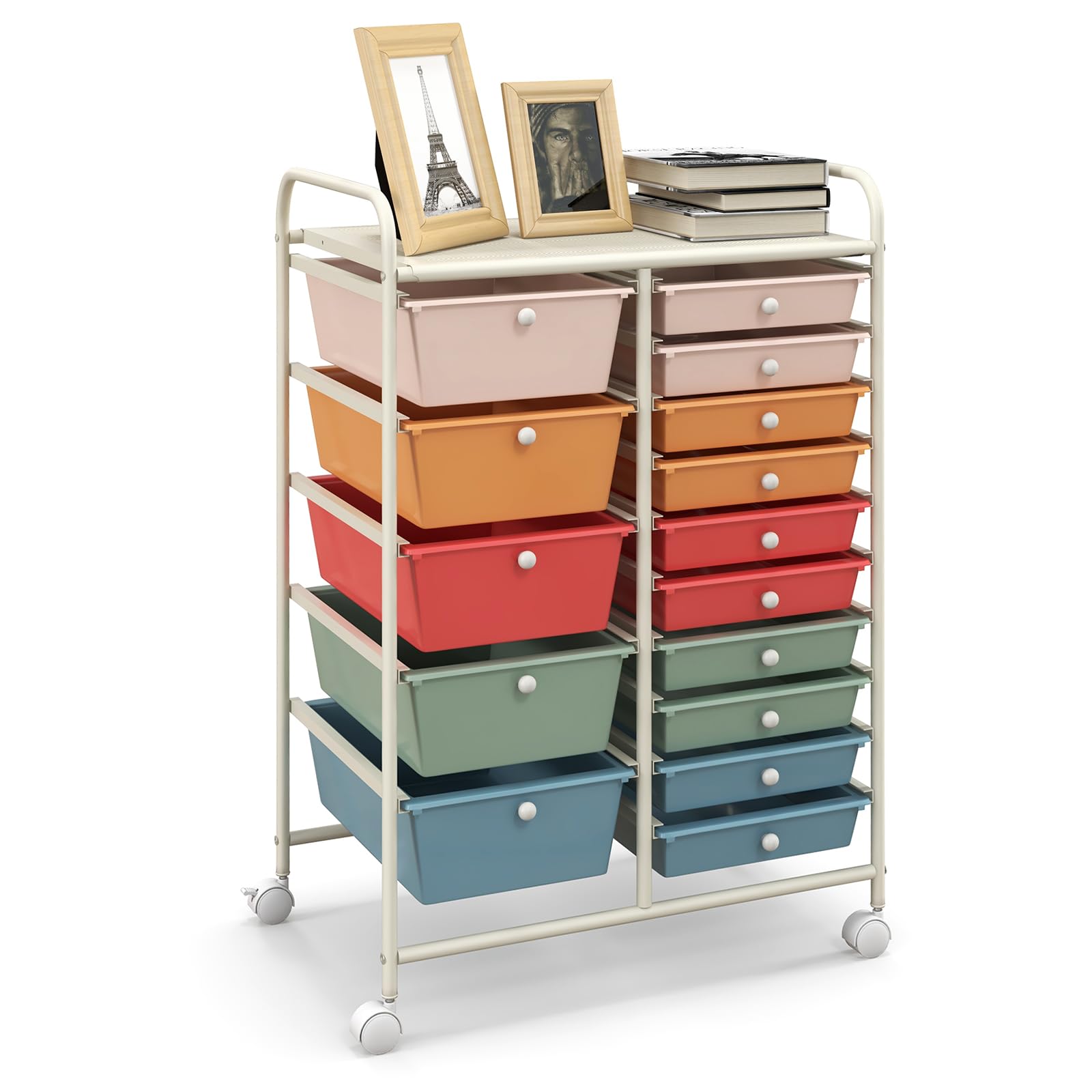 HAPPYGRILL 15-Drawer Rolling Storage Cart with Wheels - Mobile Organizer for Office, School, Craft Room & Home - Perfect for Office Supplies, Art Materials, Tools & Paper Organization