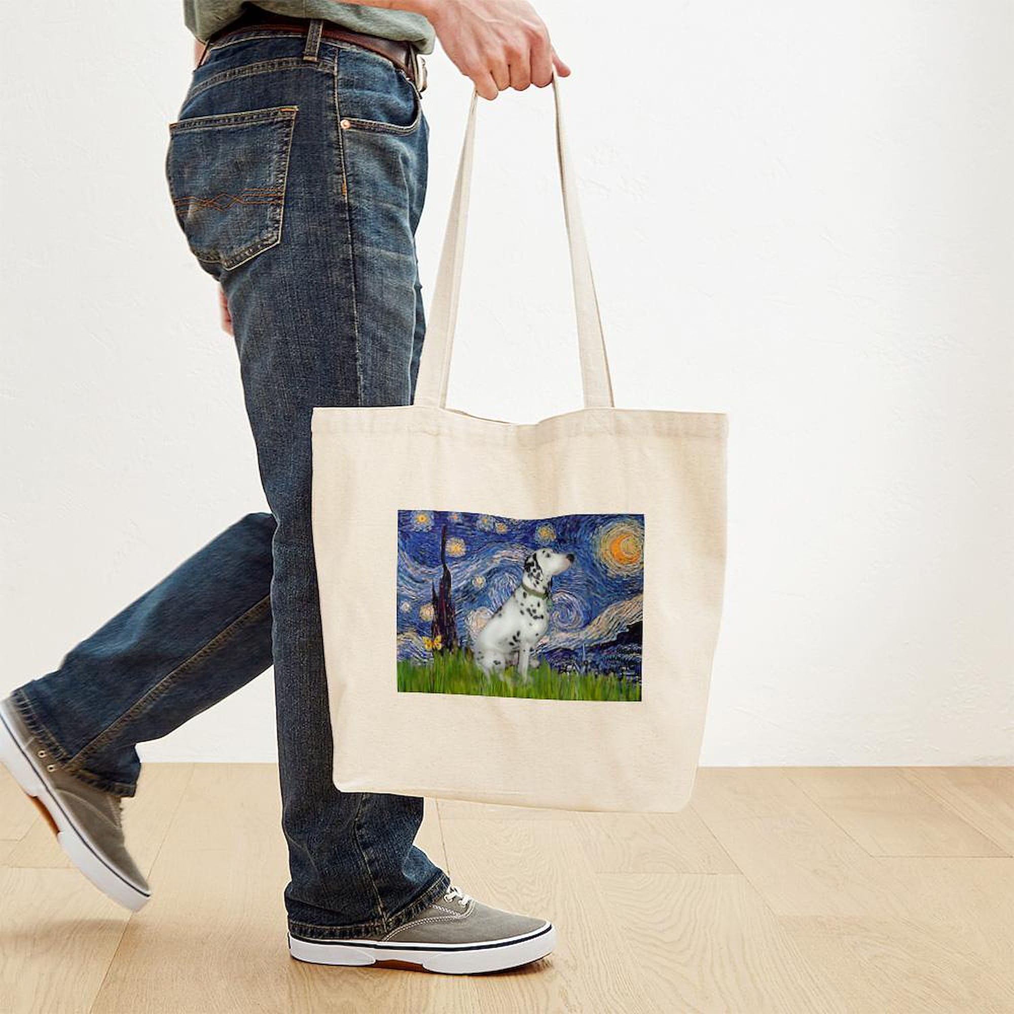 Starry Night Dalmatian Print Natural Canvas Tote Bag - Eco-Friendly Reusable Grocery Shopping Bag for Beach, Work & Farmers Market