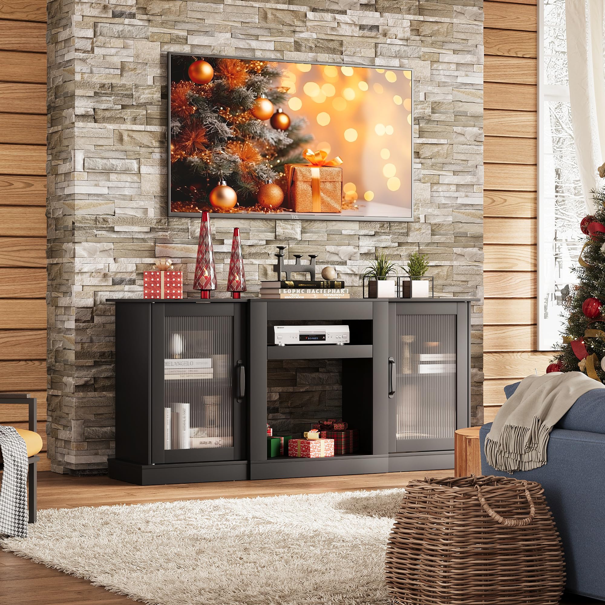 WLIVE Retro TV Stand for 65 Inch TVs - Modern TV Console Cabinet with Storage & Open Shelves - Entertainment Center for Living Room, Bedroom - Black - Perfect for Home Theater Setup & Media Organization