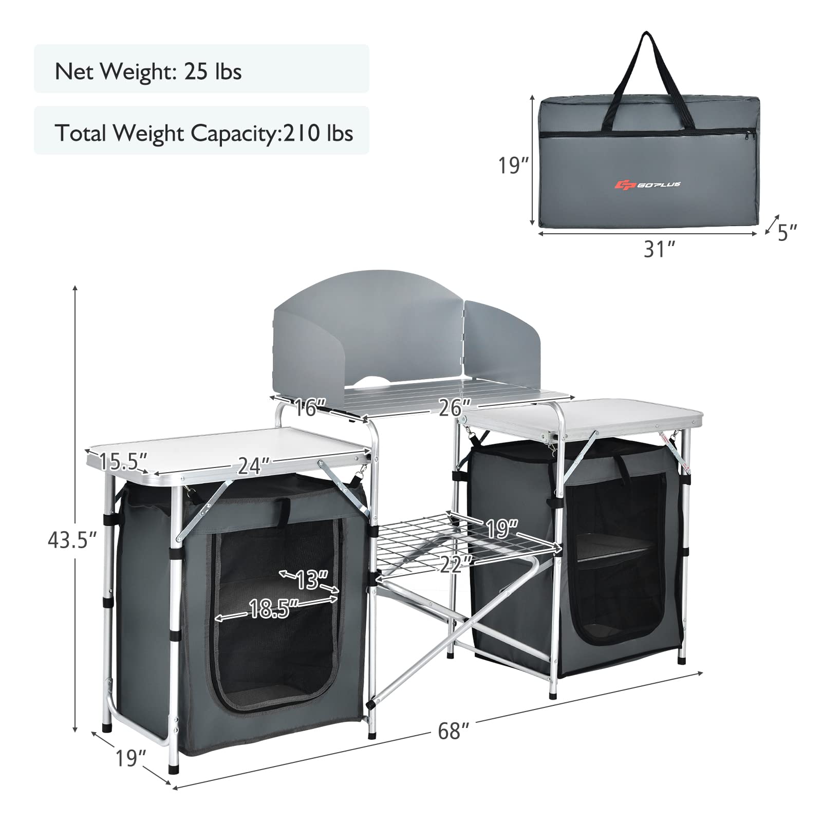 Goplus Folding Camping Kitchen Table with Storage - Aluminum Portable Outdoor Cooking Table with Windscreen - Compact Foldable Camp Table for BBQ, Grill, Picnics & Parties - Perfect for Backpacking, Tailgating & RV Camping Trips