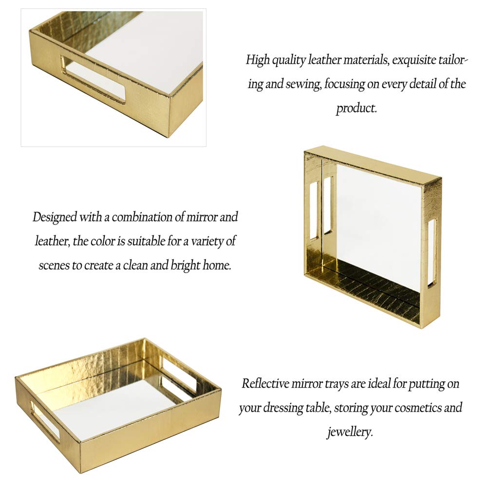 Vixdonos Gold Decorative Mirror Tray - Leather Vanity Catchall Organizer for Makeup, Perfume & Jewelry - Stylish Dresser or Coffee Table Decor (Small, Gold) - Perfect for Bedroom, Bathroom & Entryway Organization