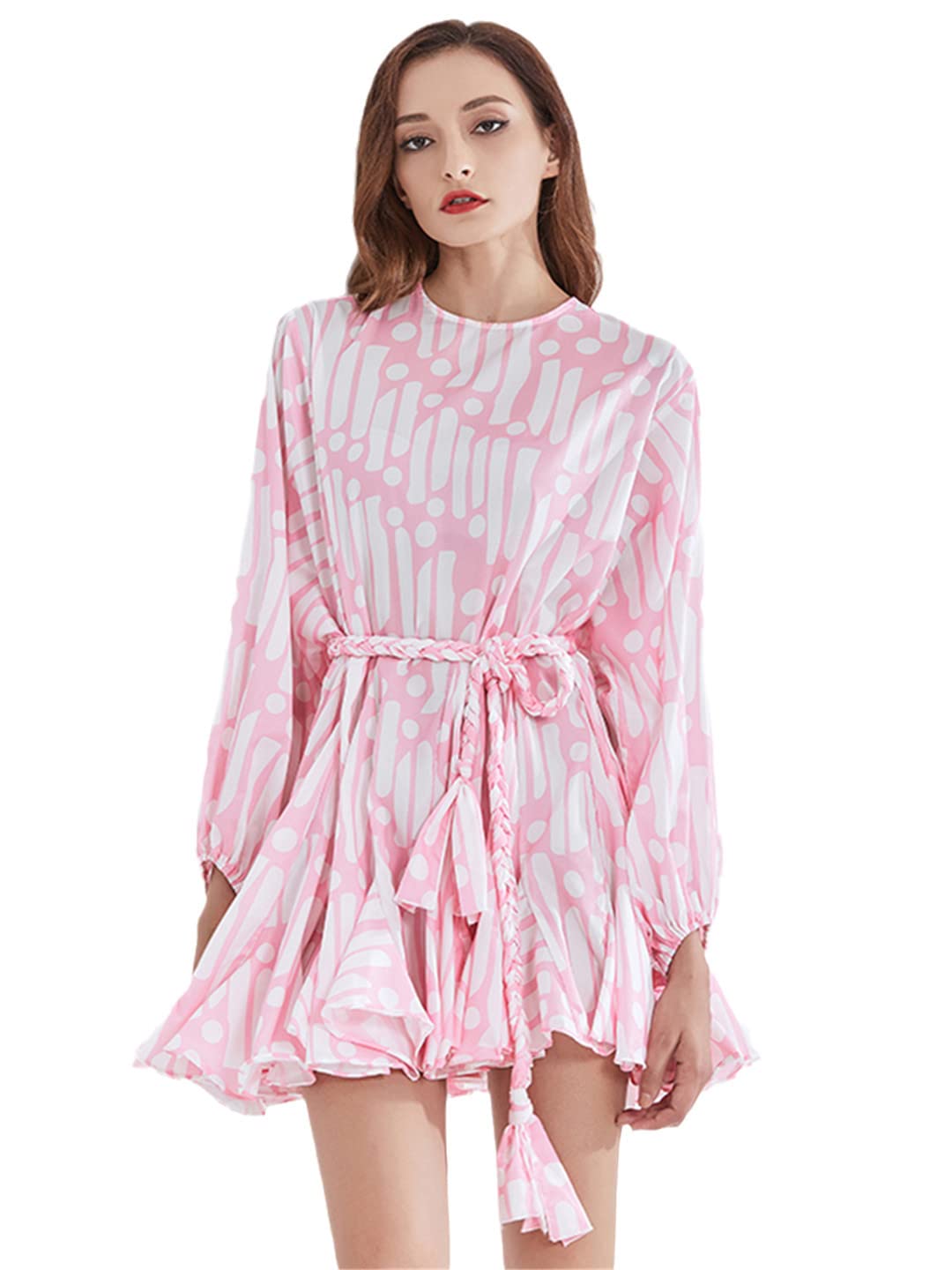 Women's Floral Print Dress with O-Neck, Balloon Sleeves & High Waist Bow Tie - Elegant Contrast Design for Casual Wear, Office Outfits & Special Occasions