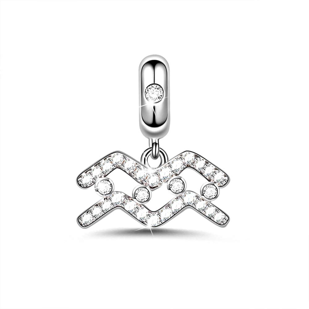 GNOCE Aquarius Zodiac Pendant - Sterling Silver 'My Love, My Life' Charm with Cubic Zirconia for Women | Perfect for Bracelets & Necklaces | Birthday Gift, Anniversary Present, Zodiac Jewelry
