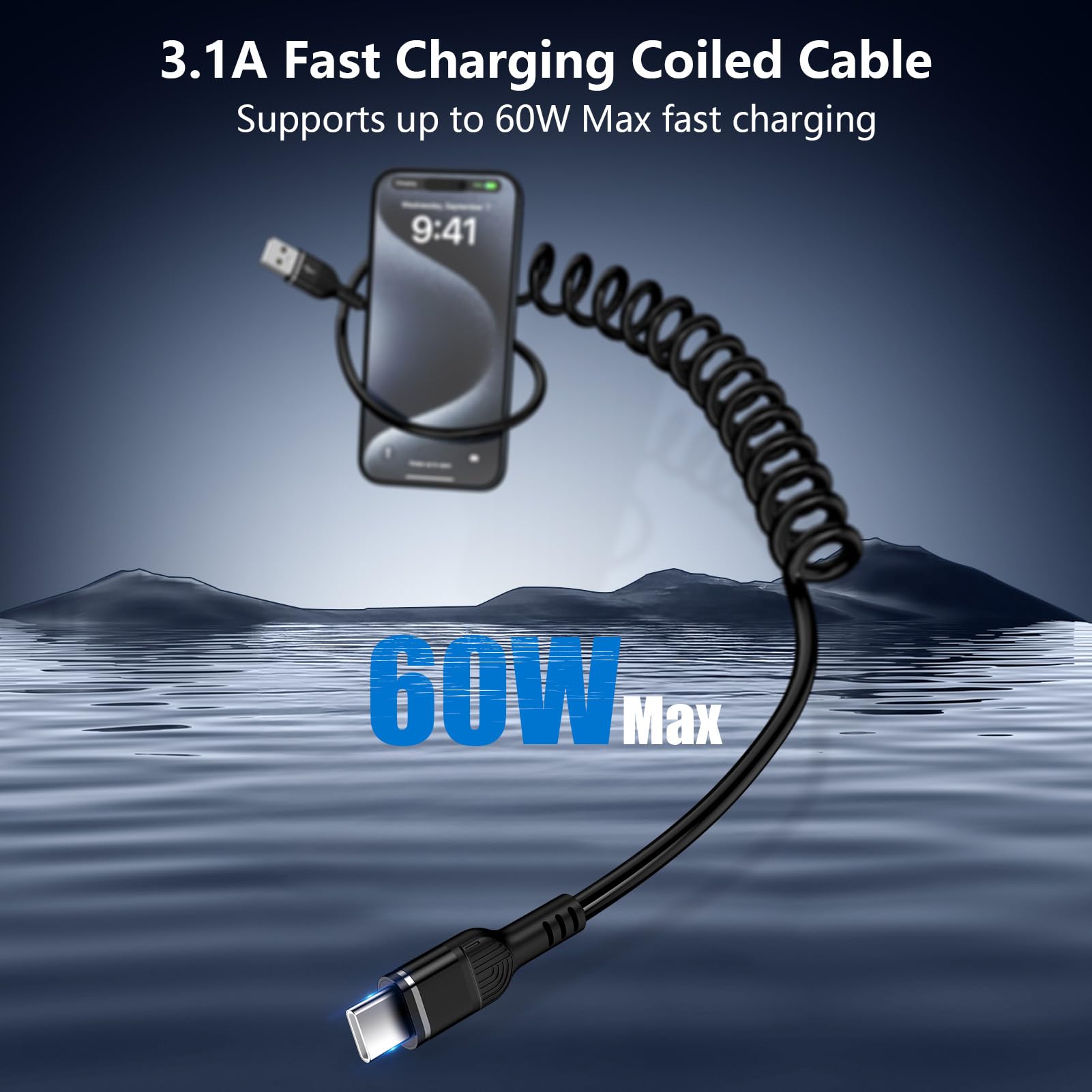 Premium 4FT Coiled USB-A to USB-C Car Charger Cable - Fast Charging Compatible with iPhone 16/16 Plus/16 Pro/16 Pro Max & Android Devices | Durable Curly Cord for Car, Home, Office & Travel Use