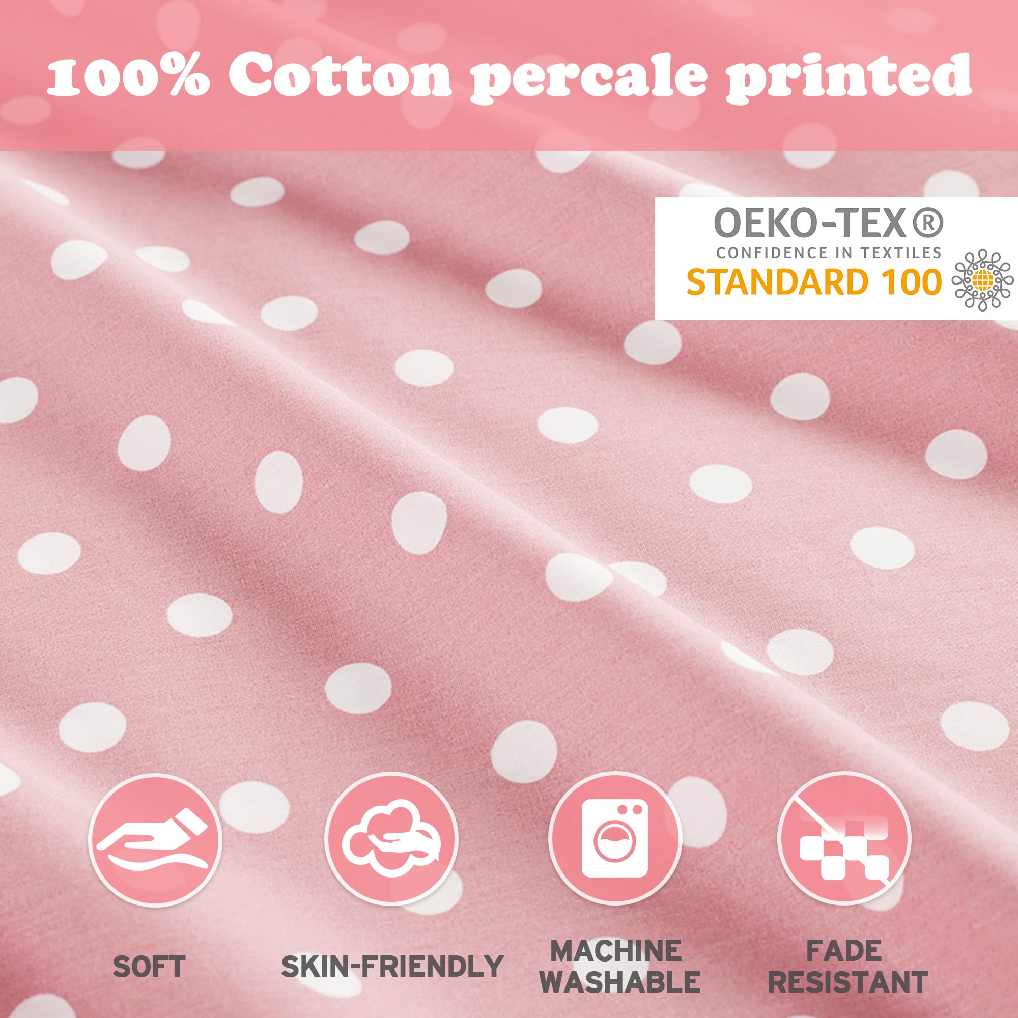 Mi Zone Pink Queen Size Sheet Set for Kids & Girls - 100% Cotton Percale Soft Polka Dot Bedding Set (Flat Sheet, Fitted Sheet, Pillowcase) | Breathable All-Season Comfort | Fits 14