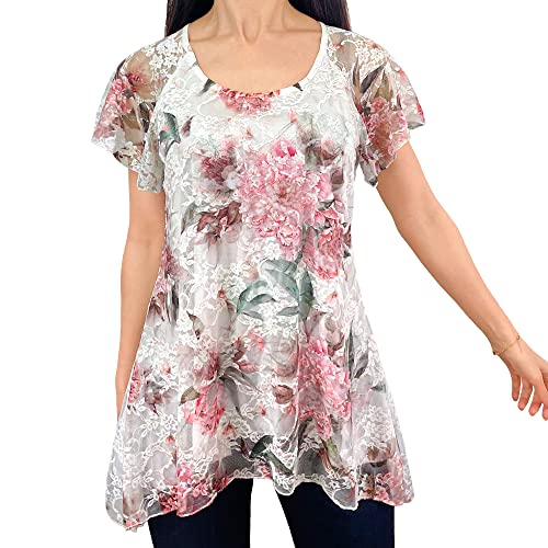 Flutter Short Sleeve - Peach Blush Beige Floral/White Stretch Lace