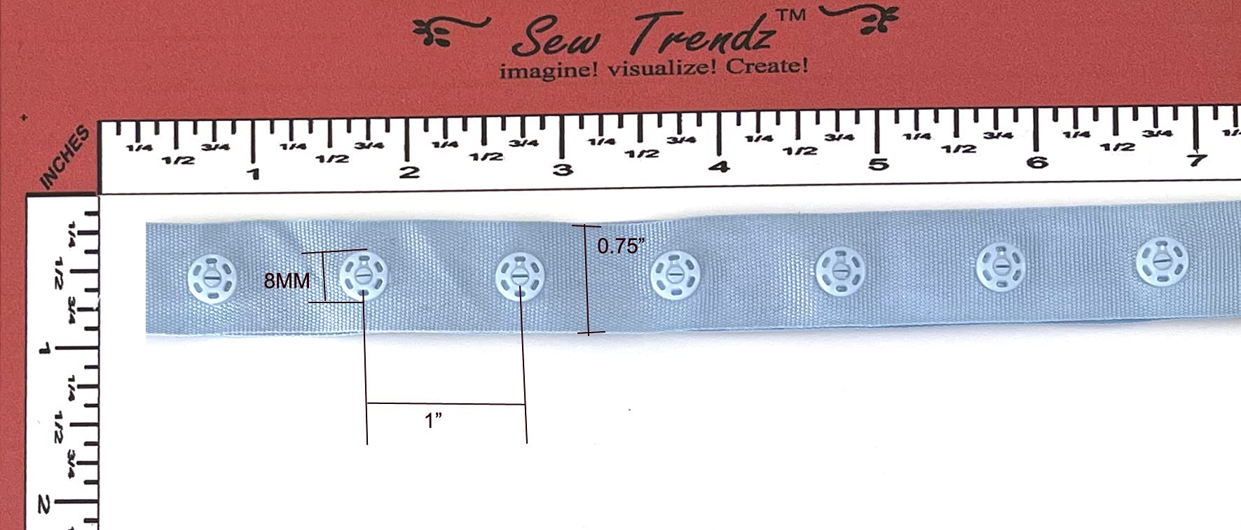 2 Yards Plastic Snap Button Polyester Tape Ribbon - Hook & Eye Fastener for Baby Clothes, Duvet Sewing, Renaissance Costumes & Lingerie (Baby Blue, SP8-2) - Perfect for DIY Crafting, Dance Costume Accessories & Home Drapery Projects