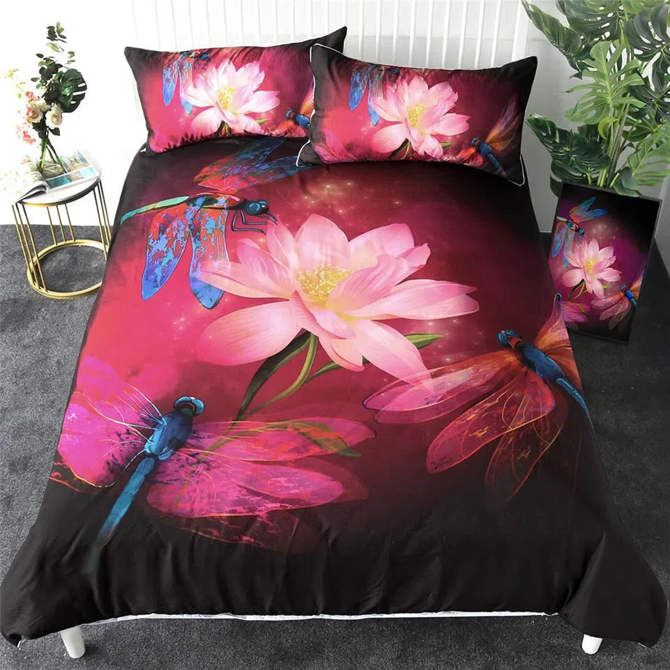 Dragonflies and Lotus Queen Size Bedding Set - Soft & Breathable 4-Piece Comforter Set for Bedroom Decor, Home & Hotel Use