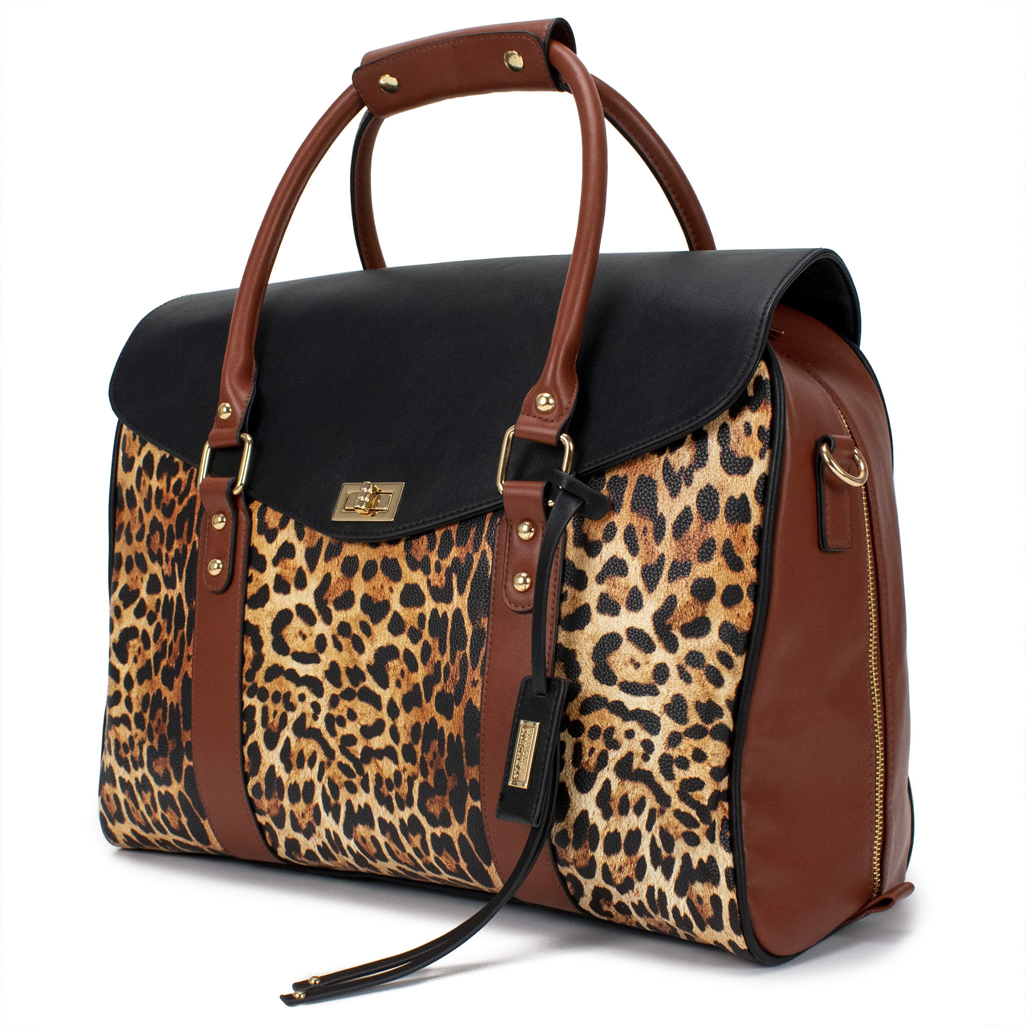 Badgley Mischka Leopard Print Weekender Tote Bag - Stylish Carry-On Travel Bag for Women, Spacious Animal Print Overnight Bag (Perfect for Weekend Getaways, Business Trips & Airplane Travel)