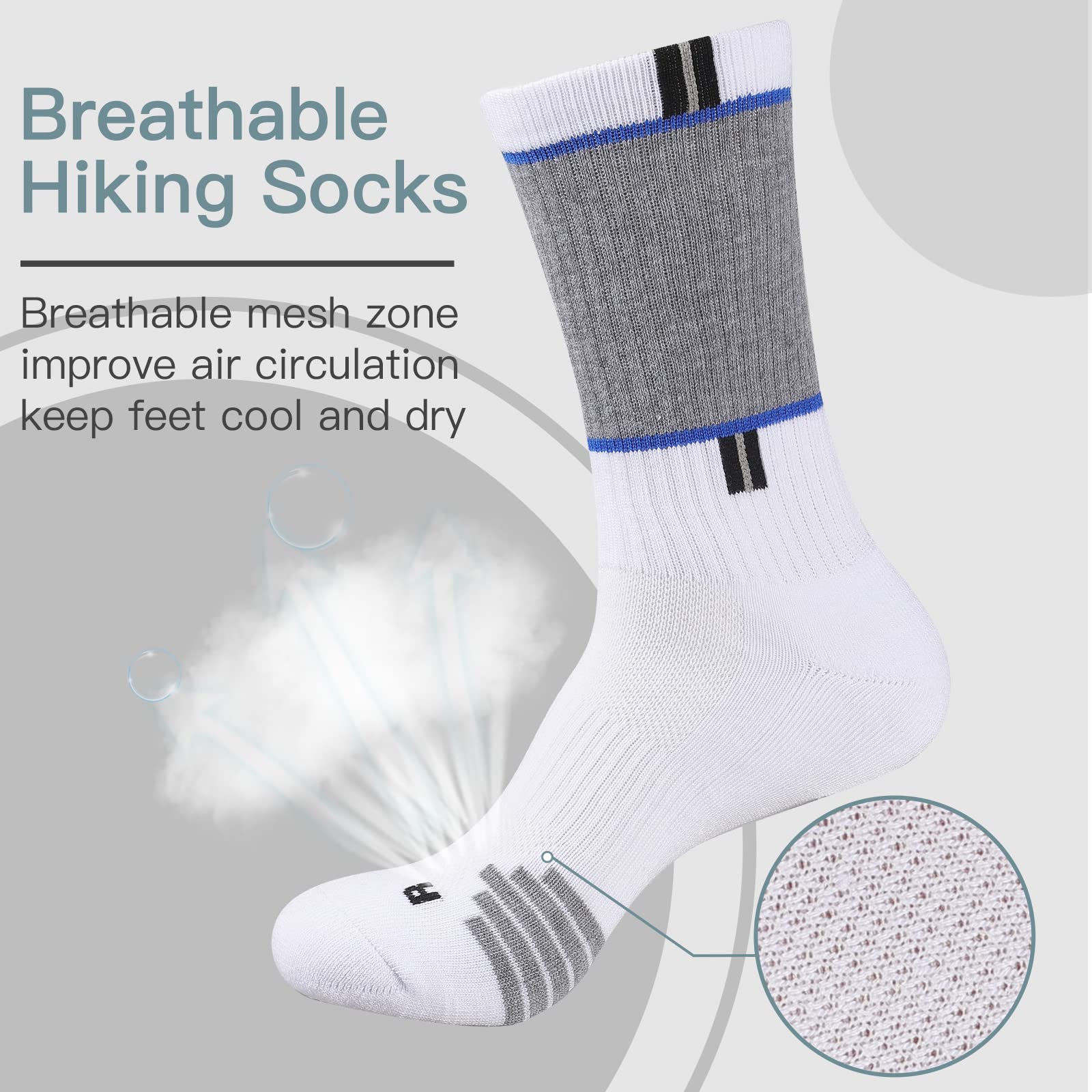 COOPLUS Men's 5-Pack Hiking Socks - Breathable Cushioned Athletic Crew Socks for Trekking & Outdoor Activities | Moisture-Wicking Performance Socks for Hiking, Camping & Daily Wear