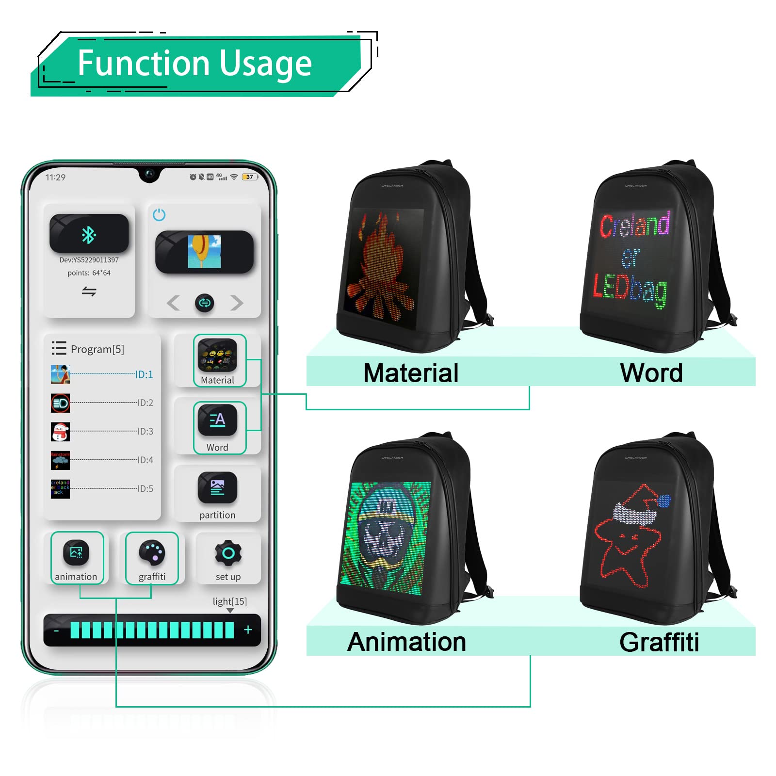 Waterproof LED Laptop Backpack - Smart Dynamic Travel Backpack for Men & Women, Durable Cycling Daypack with USB Charging Port, Perfect for Work, School & Outdoor Adventures (Black)