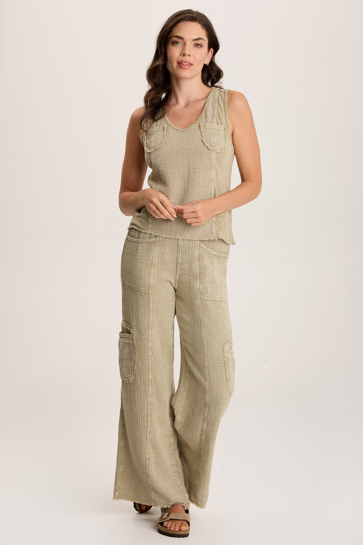 Kirkley Women's Gauze & Jersey V-Neck Tank Top - Soft Breathable Casual Summer T-Shirt for Lounge, Yoga, and Everyday Wear