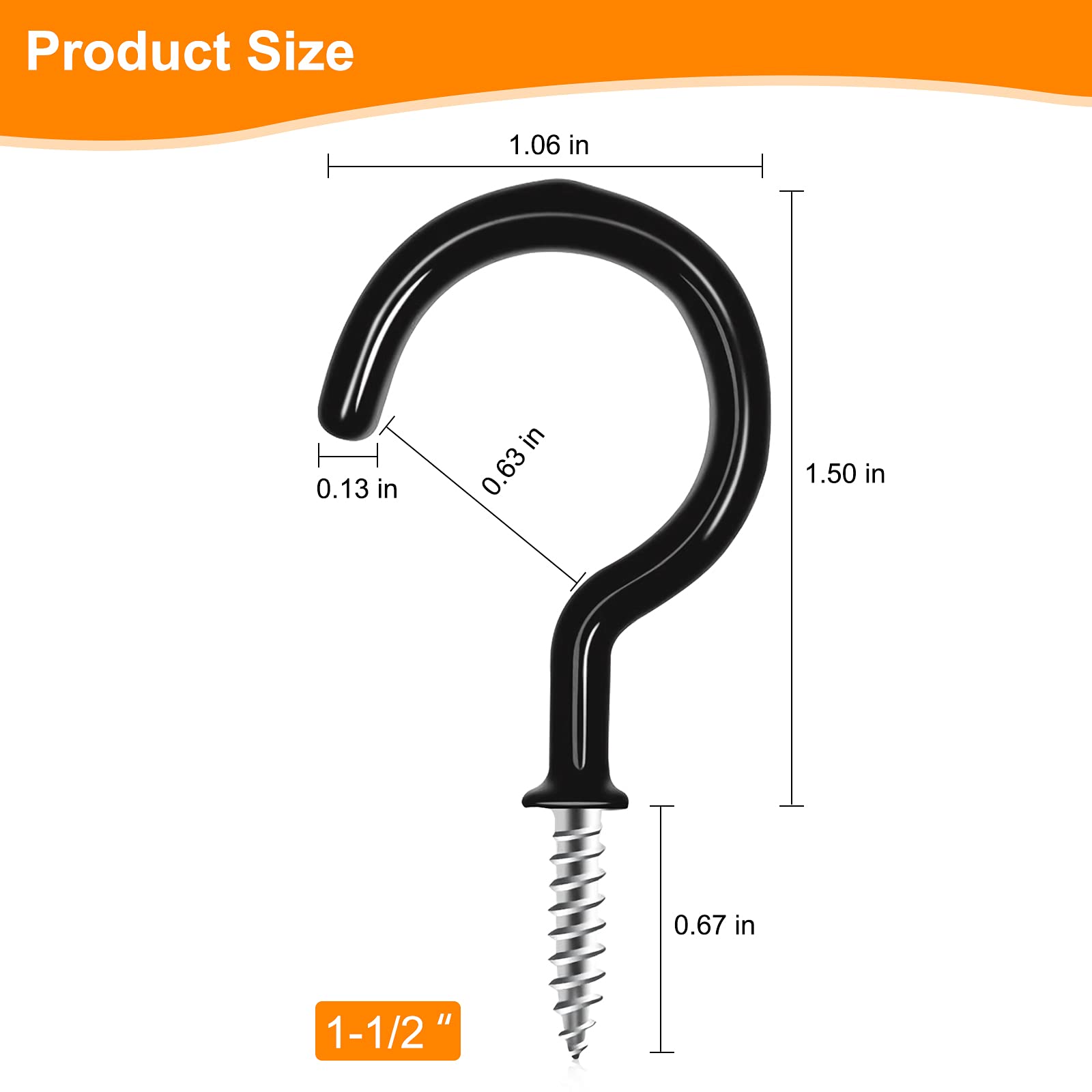 1-1/2 Inch Black Vinyl Coated Cup Screw Hooks - 45 Pack Heavy Duty Ceiling Hooks for Plants, Wind Chimes & Kitchen Storage - Indoor & Outdoor Hanging Solution for Home, Garden & Garage Organization